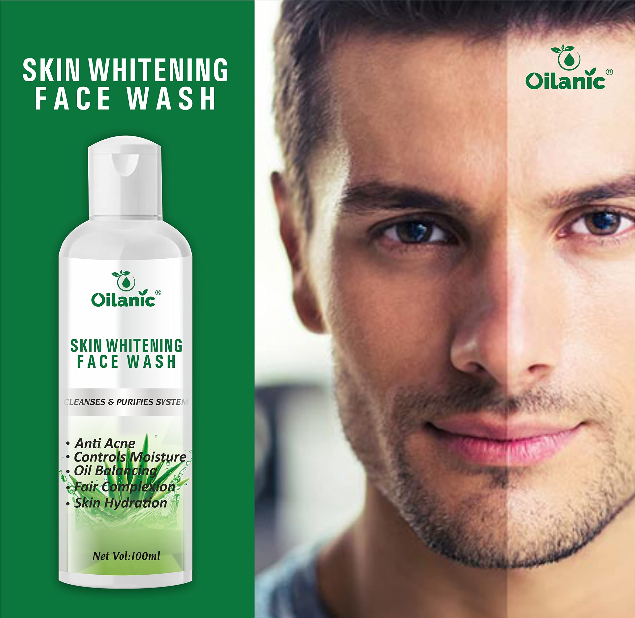 Oilanic Men's Brightening Face Wash - Acne & Scar Treatment, Sunburn & Dark Spot Remover - 100ml | Daily Skincare for Clear & Even Skin Tone