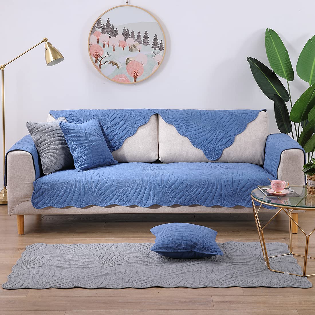 Vctops Leaf Embroidery Cotton Sofa Cover - Non-Slip Sectional Couch Protector for Pets, L-Shaped & Recliner Furniture (Blue, 28