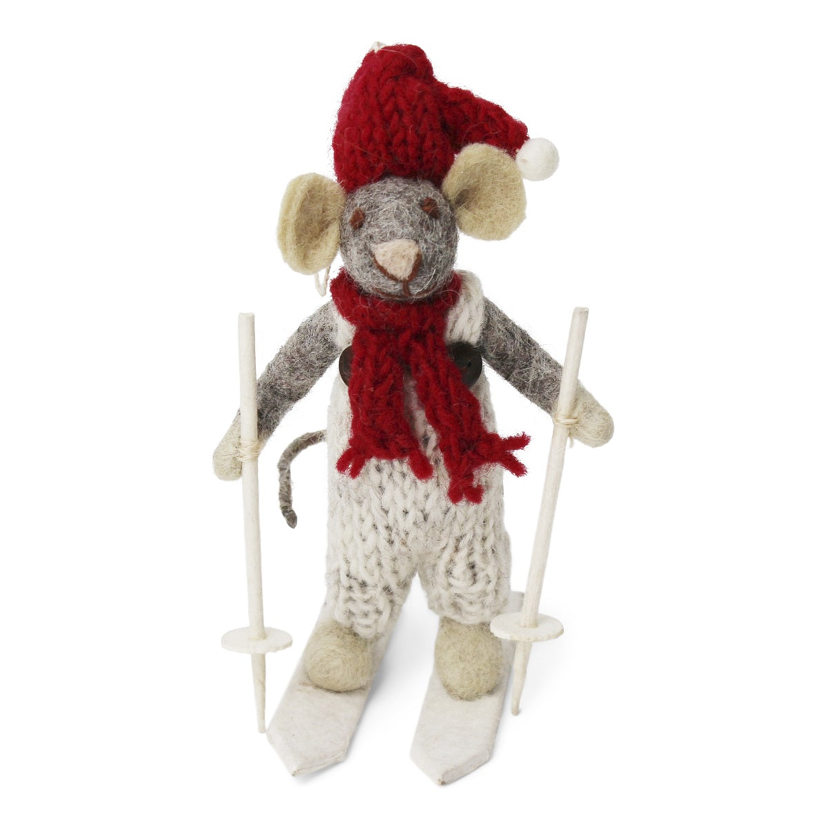 Winter Mouse Boy Christmas Figurine - Small Skiing Grey Decor for Holiday Tabletop, Mantel & Winter Village Display