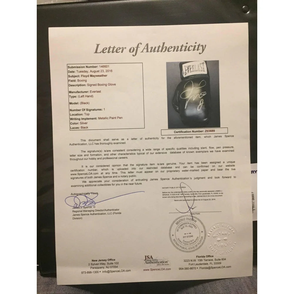 Floyd Mayweather Jr. Signed Boxing Glove with JSA COA - Authentic Memorabilia in Framed Money Collage Display - Perfect for Sports Collectors & Boxing Fans