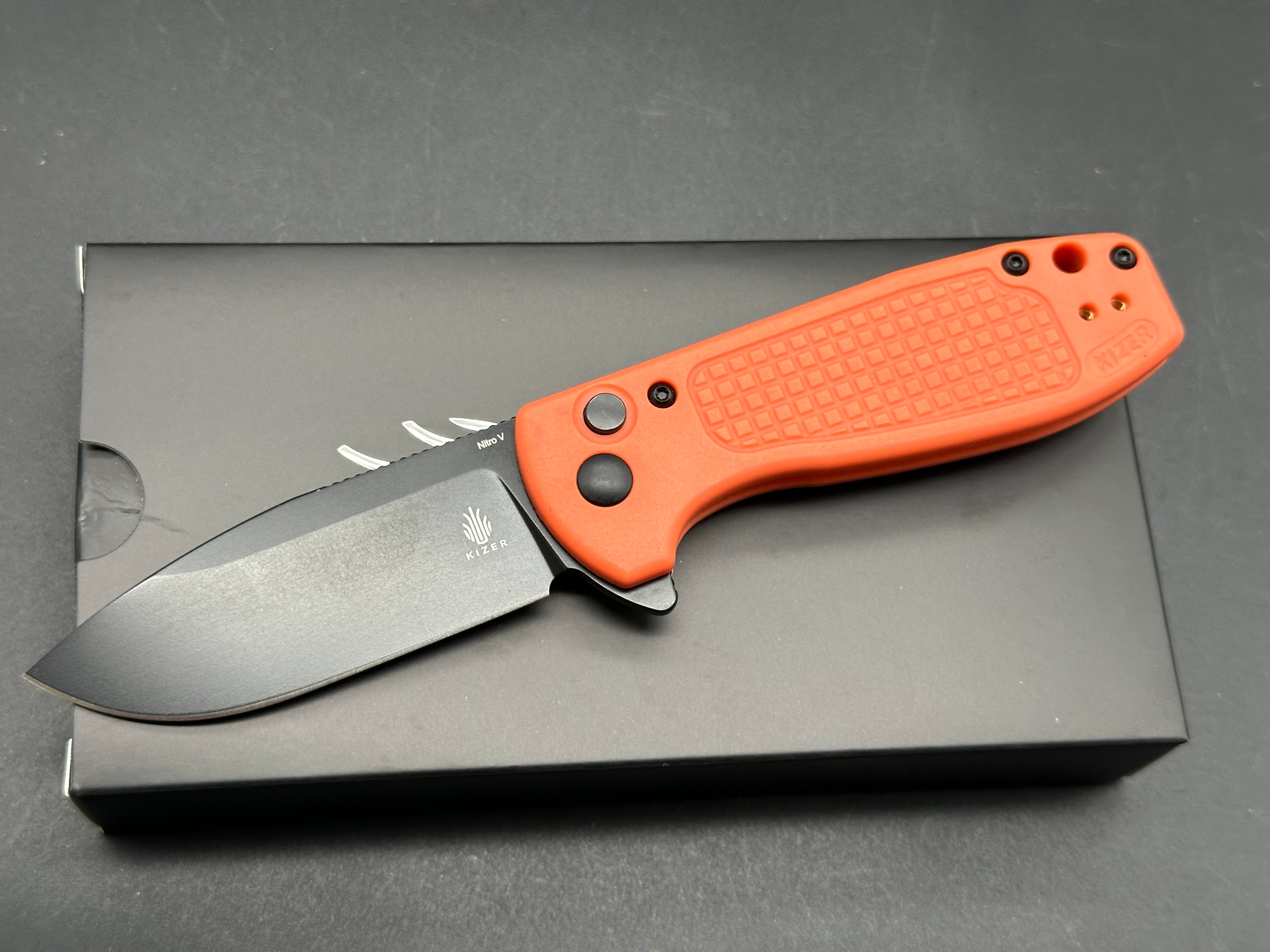 Kizer Amicus Folding Knife - Nitro V Blade, Button Lock, Orange FRN Handle, L3002M2 (2.95