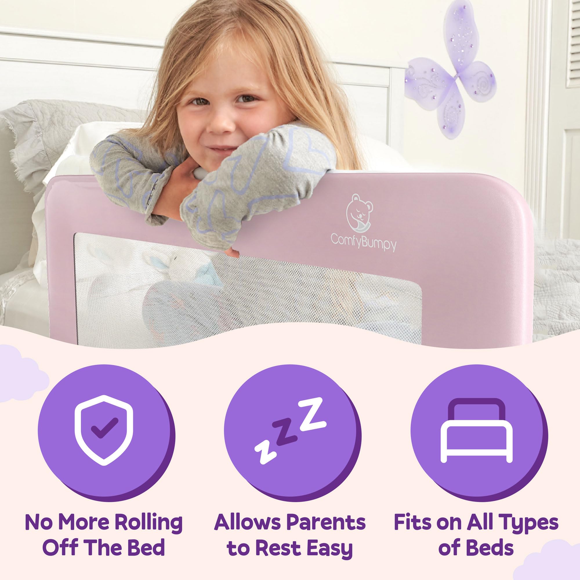 ComfyBumpy Adjustable Toddler Bed Rail Guard for Kids - Safety Bed Rails for Twin, Full, Queen & King Size Beds | Swing Down Baby Bed Side Rail - Pink, Regular (35.5
