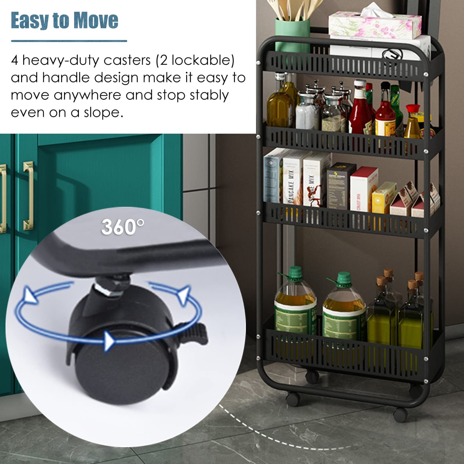 Heavy Duty Kitchen Utility Cart with Wheels, Narrow Black Standing Shelf Unit for Home Pantry & Small Spaces, Slim Rolling Storage Rack - Perfect for Compact Kitchens, Dorm Rooms & Apartment Living
