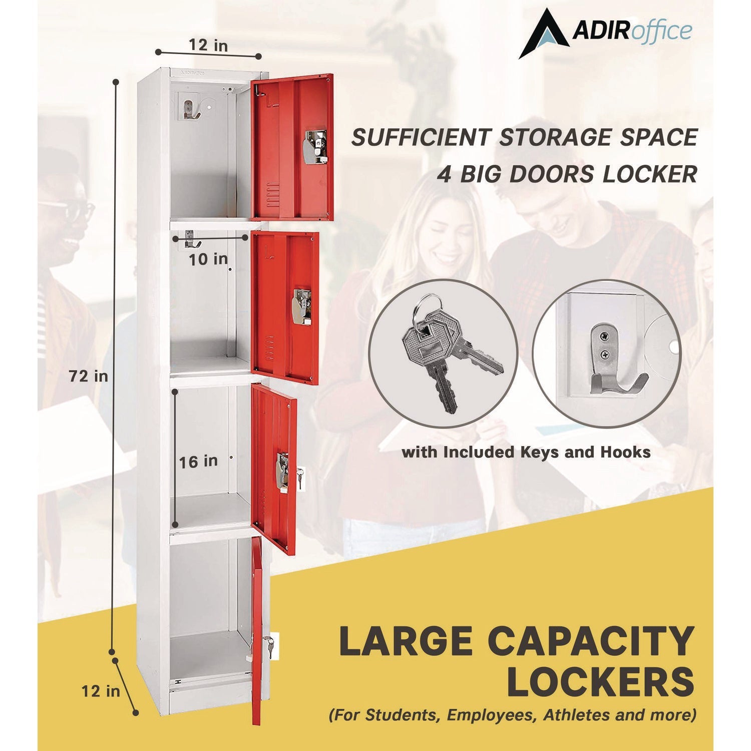 AdirOffice 4 Compartment Steel Storage Locker - 12 x 12 x 72 Inches, Red - Heavy Duty School Gym Locker for Home, Office & Warehouse Organization