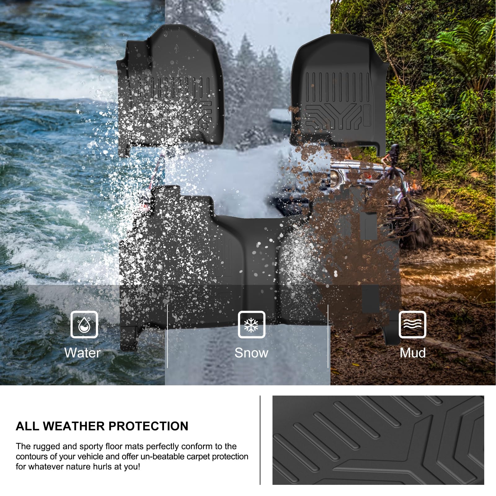 KIWI MASTER All-Weather Floor Mats for 2019-2025 Chevy Silverado & GMC Sierra 1500/2500 HD/3500 HD Crew Cab - Heavy Duty TPE Slush Liners (Black) - Perfect for Winter, Off-Road & Everyday Protection