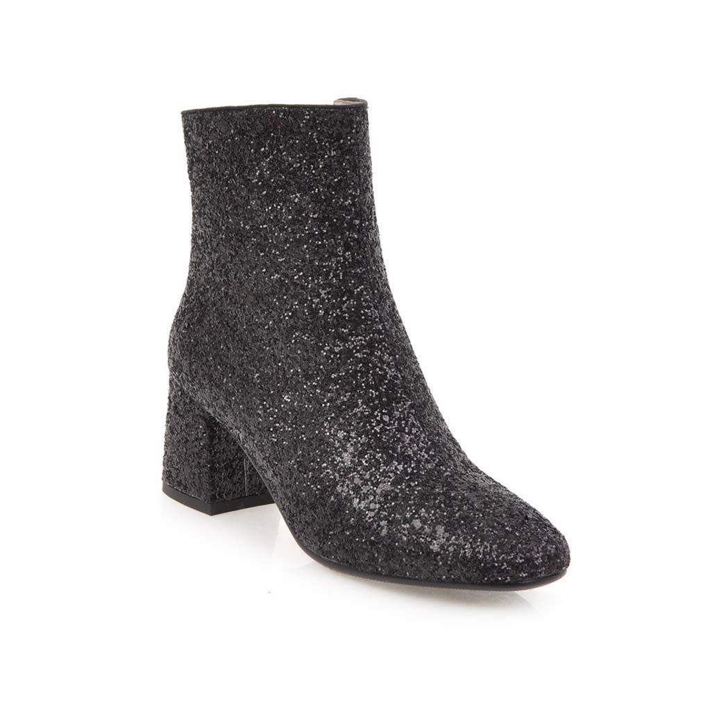 Elyffany Women's Mid Block Heel Glitter Ankle Boots with Zipper - Stylish Party Prom Booties for Ladies | Perfect for Night Out, Club, Wedding & Special Occasions