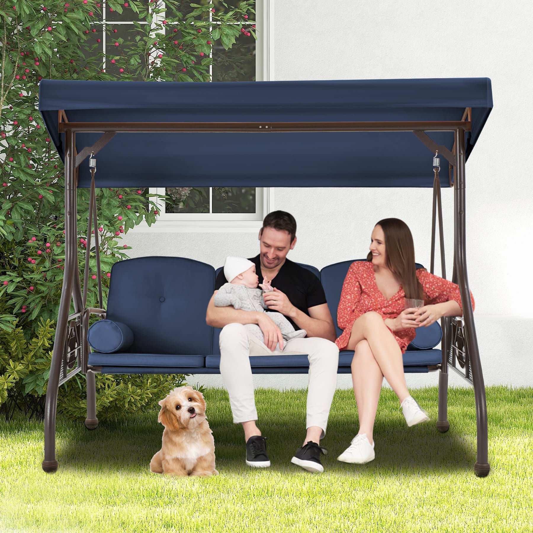 EROMMY 3-Seat Outdoor Patio Swing with Adjustable Canopy - Weather-Resistant Blue Hanging Chair for Garden, Backyard, Porch & Deck Relaxation