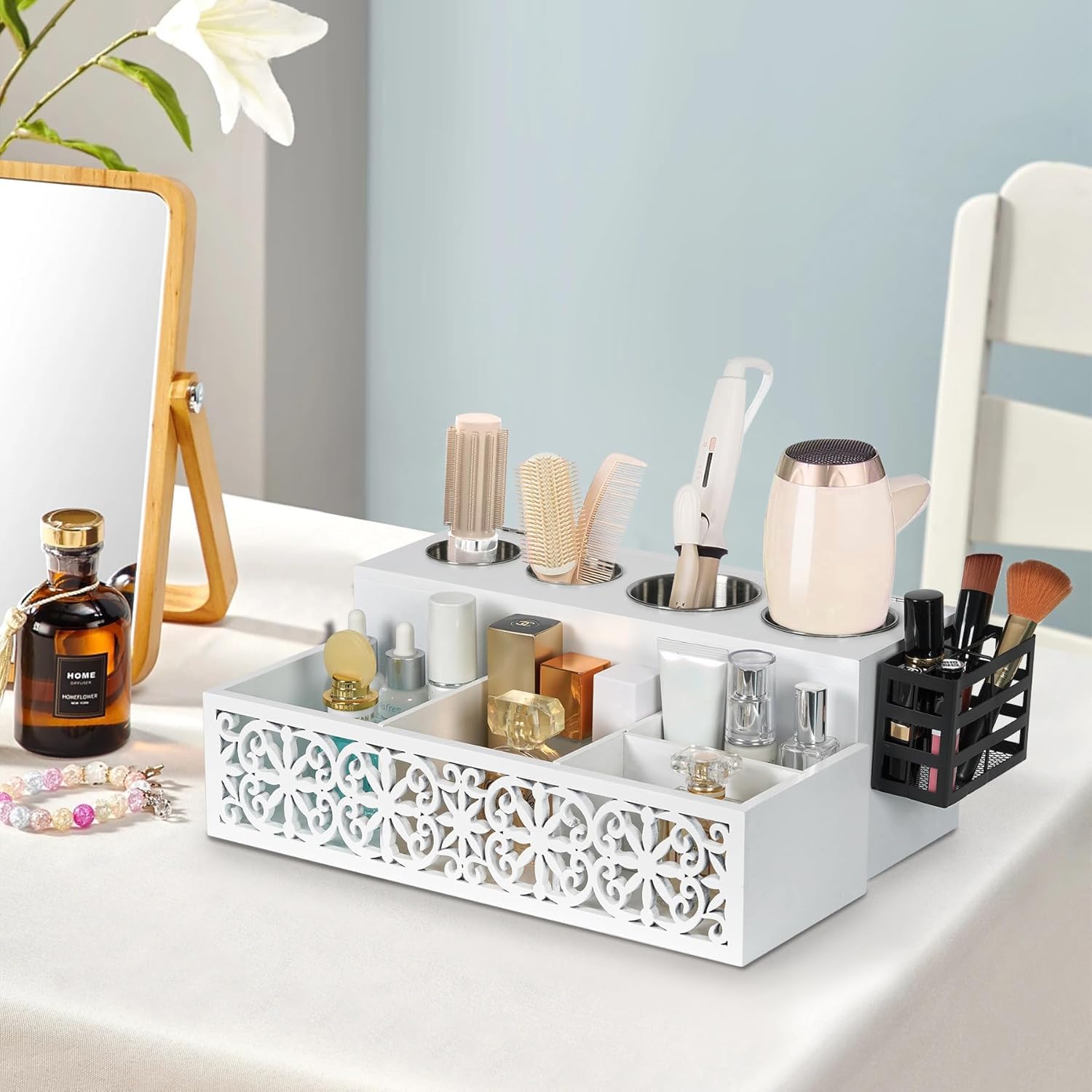 White Hair Dryer Holder & Bathroom Organizer - Hollow Out Design with Side Basket for Blow Dryer, Makeup & Toiletries | Countertop Vanity Storage Stand for Hair Tools & Cosmetics | Perfect for Bathroom, Salon & Home Organization