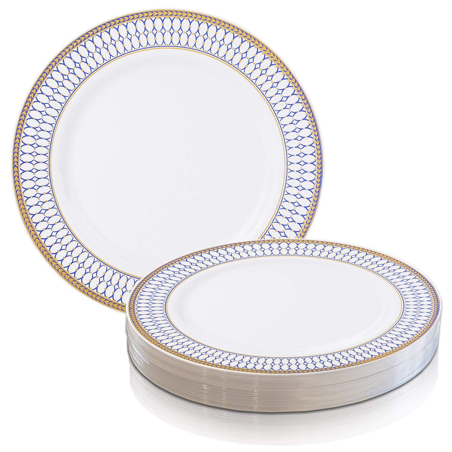 Premium Disposable Plastic Dinner Plates 120 Pack - Heavy Duty Round White Plates with Elegant Blue & Gold Rim - Perfect for Weddings, Easter, Thanksgiving, Birthday Parties & Special Events - Ideal for Catering, Picnics & Large Gatherings