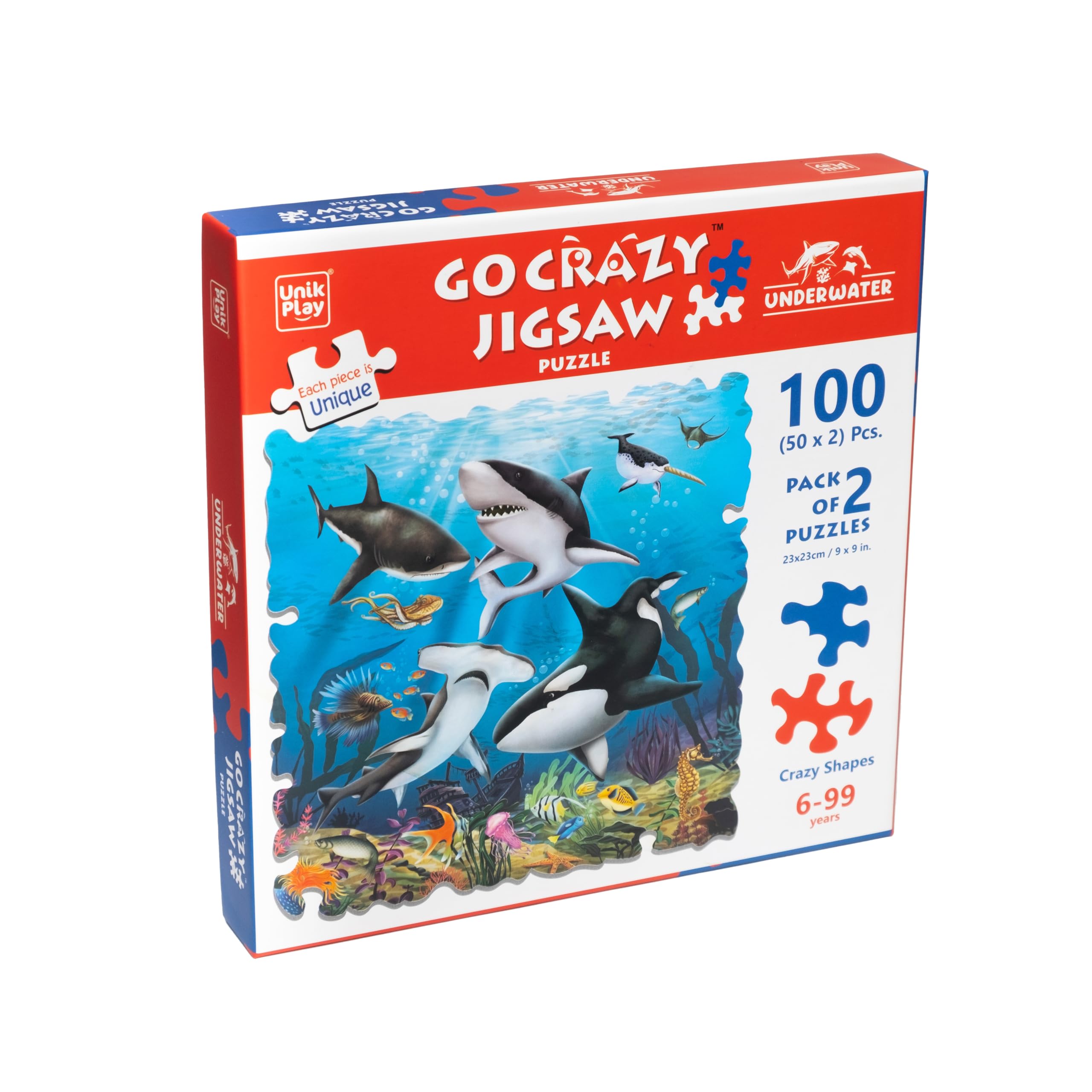 Unik Play Go Crazy 100-Piece Jigsaw Puzzle for Kids & Adults - Underwater Cartoon Theme with 2 Puzzle Trays | Ages 6-99 | Unique Interlocking Pieces | Perfect for Family Game Night & Educational Play