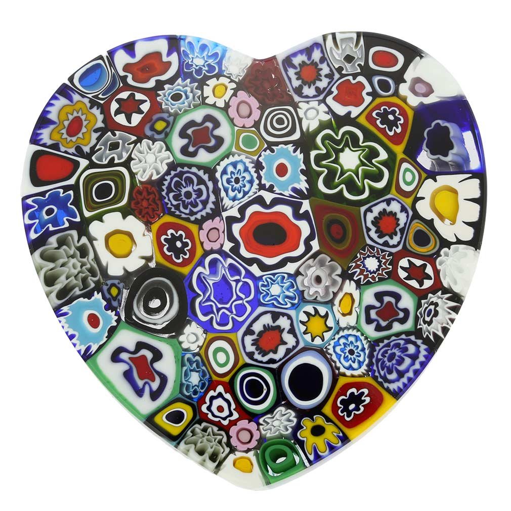 Venetian Murano Glass Millefiori Heart Paperweight - Large Handcrafted Italian Art Glass for Home Office Desk Decor | Perfect Gift for Valentine's Day, Anniversary & Wedding