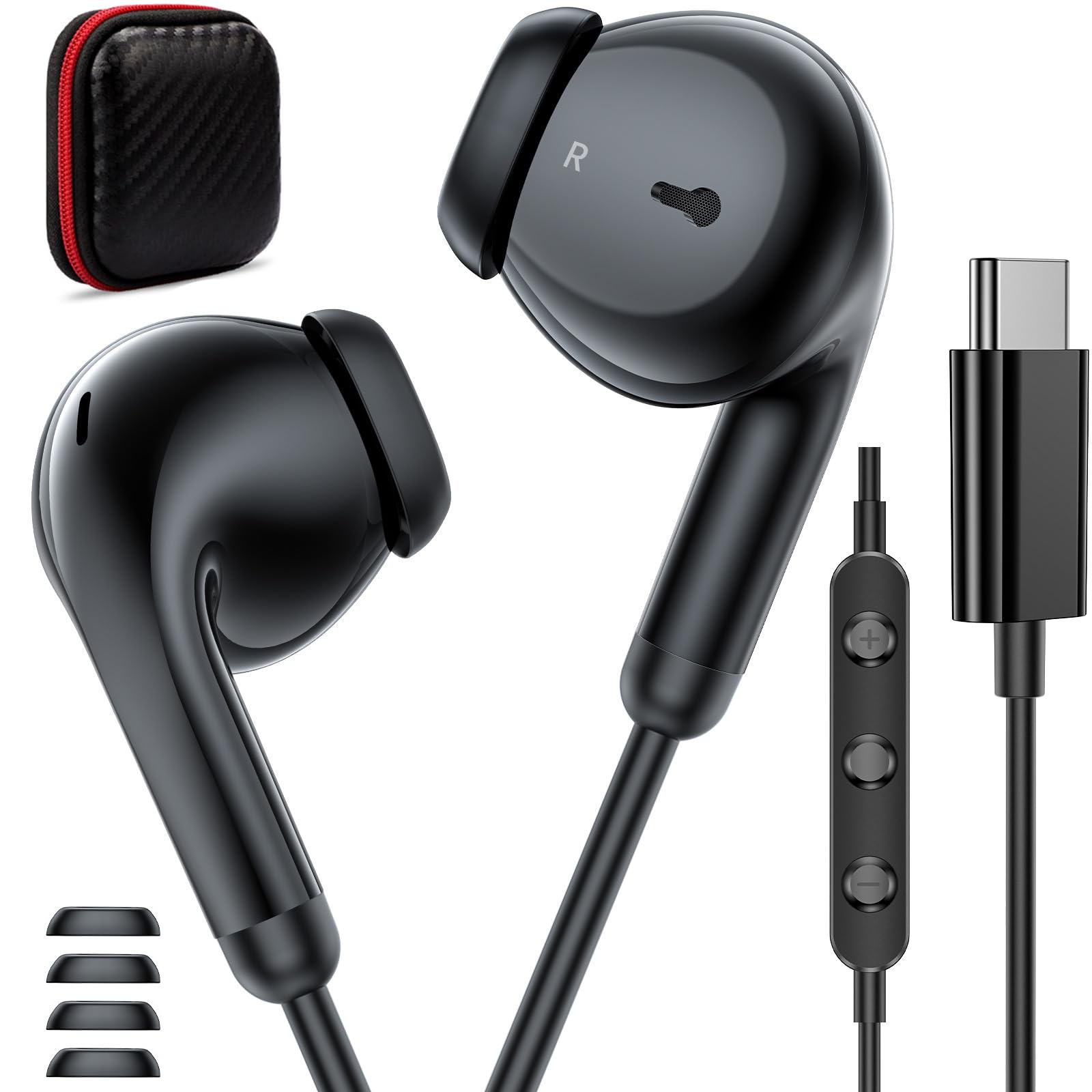 USB C Headphones with Microphone - HiFi Stereo Wired Earbuds for Samsung Galaxy S25 Ultra/S24/S23/S22+, iPhone 16/15 Pro Max, Pixel 9/8/7 - Magnetic Case Included | Perfect for Gaming, Workouts & Commuting