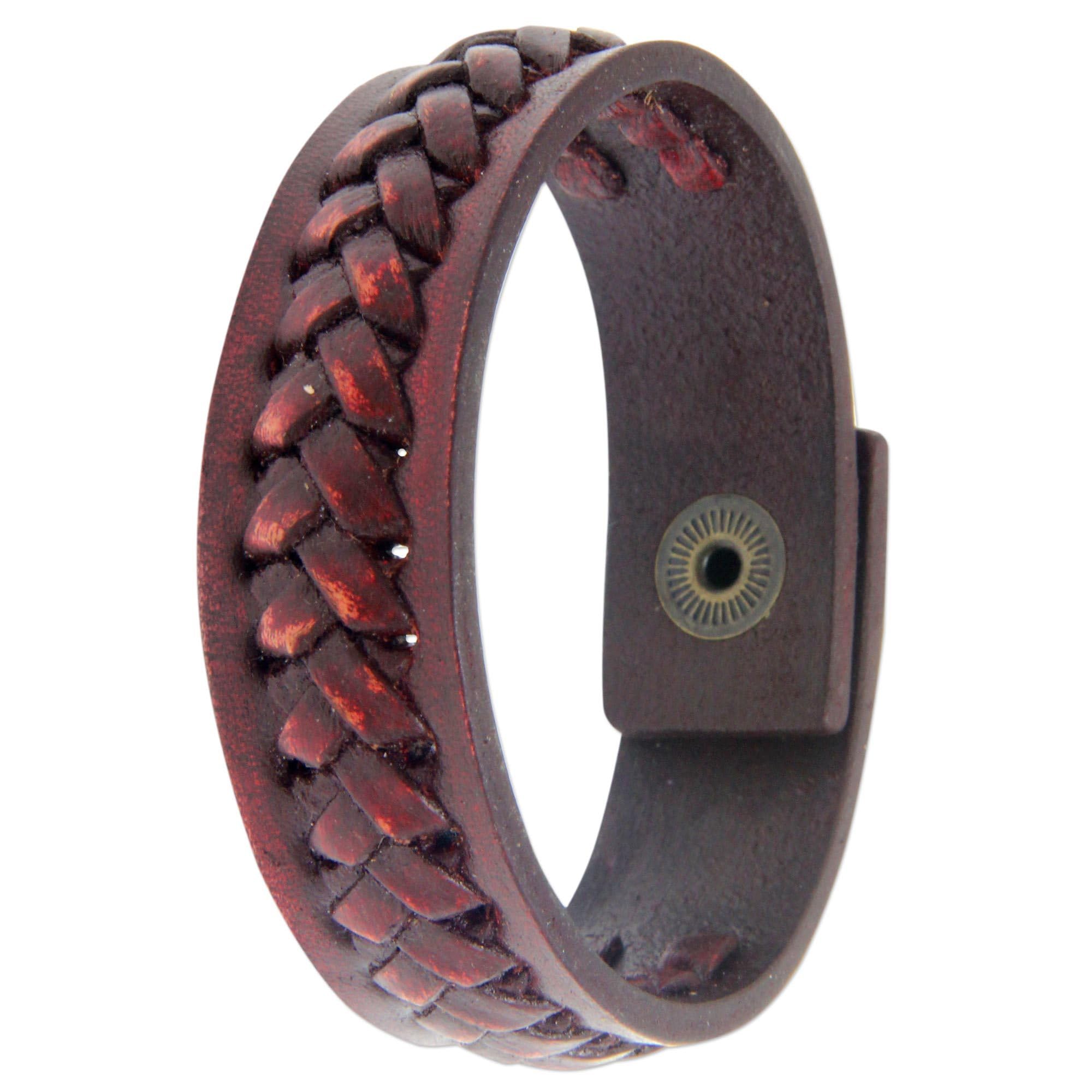 Handmade Genuine Leather Bracelet for Men & Women - Red Warrior Design - 7.25 Inch Adjustable Wristband - Indonesian Artisan Crafted - Boho Chic Jewelry for Casual Wear, Gift Giving & Festival Fashion