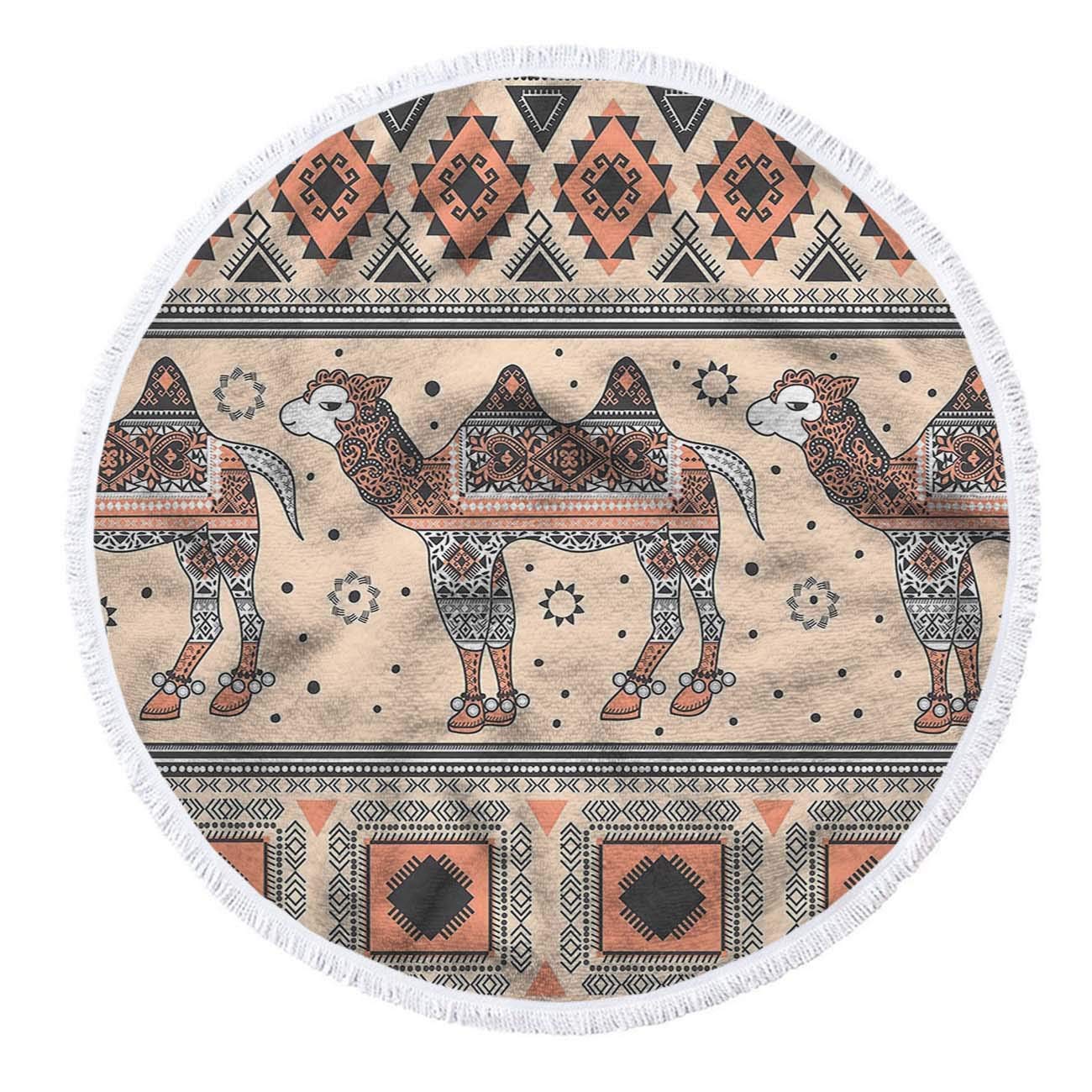African Tribal Bohemian Style Round Beach Towel - Hand Painted Camel & Bedouin Design Microfiber Blanket with Tassels (63 Inch) for Women - Perfect for Beach, Pool, Picnic, Yoga & Boho Home Decor