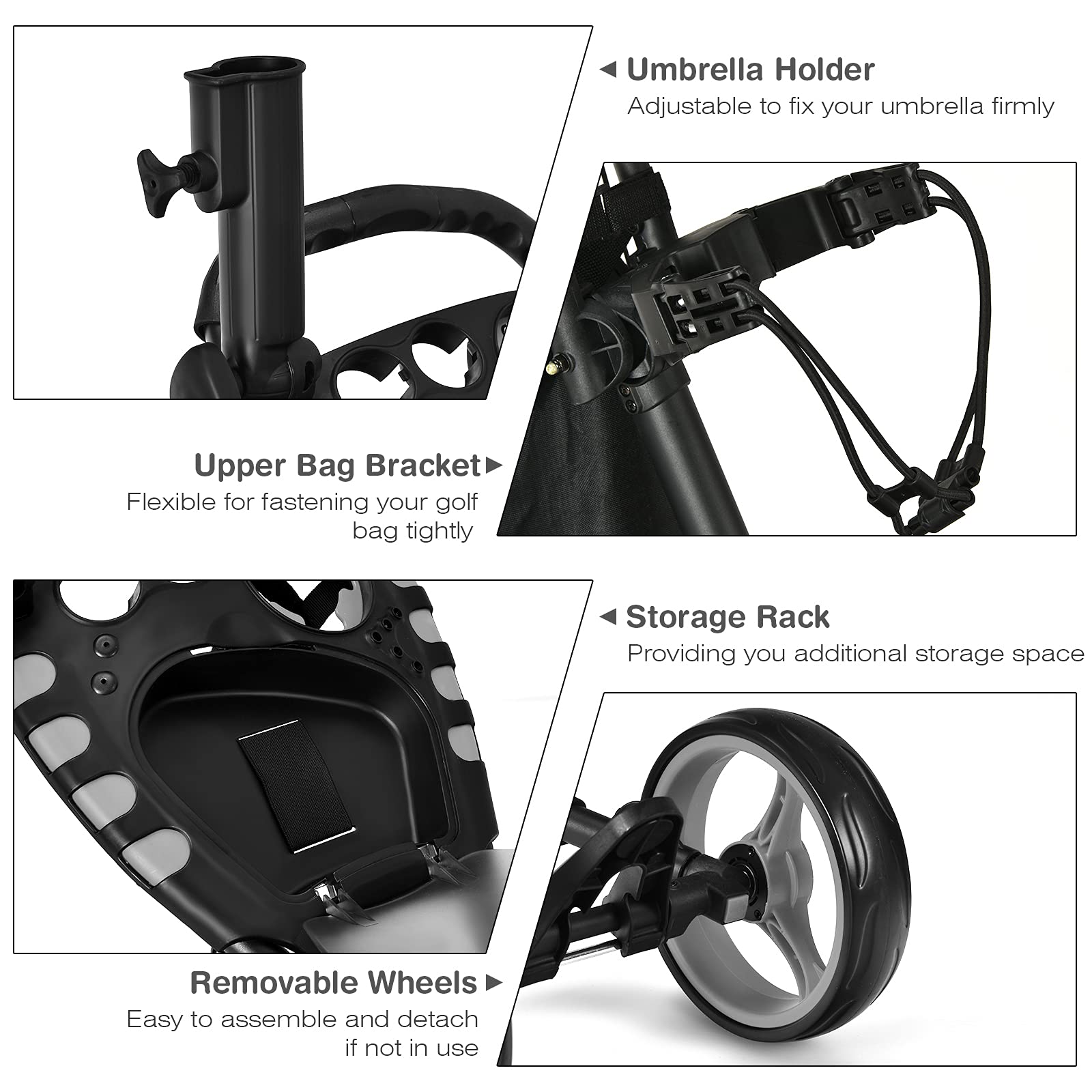 GYMAX Folding Golf Push Cart - Adjustable Height Portable Golf Caddy with Umbrella Holder, Waterproof Storage Bag & Built-in Cooler | Quick Fold Golf Trolley with Foot Brake for Golf Clubs | Perfect for Course, Driving Range & Outdoor Practice