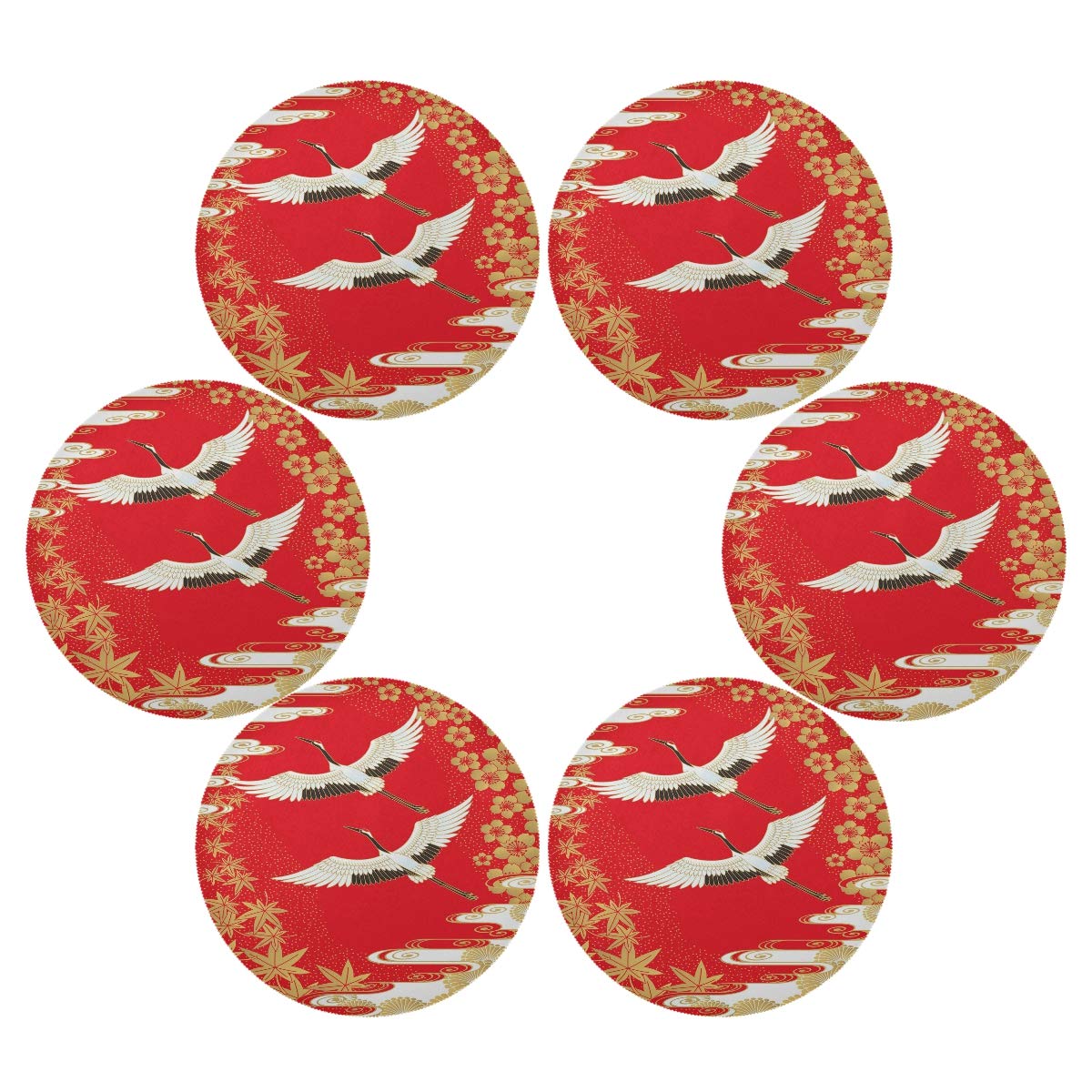 WXLIFE Set of 6 Japanese Animal Cranes Cherry Blossom Maple Round Placemats - Heat Resistant, Non-Slip, Washable Table Mats for Kitchen, Dining Room & Home Decor | Perfect for Holiday Dinners, Family Gatherings & Everyday Meals