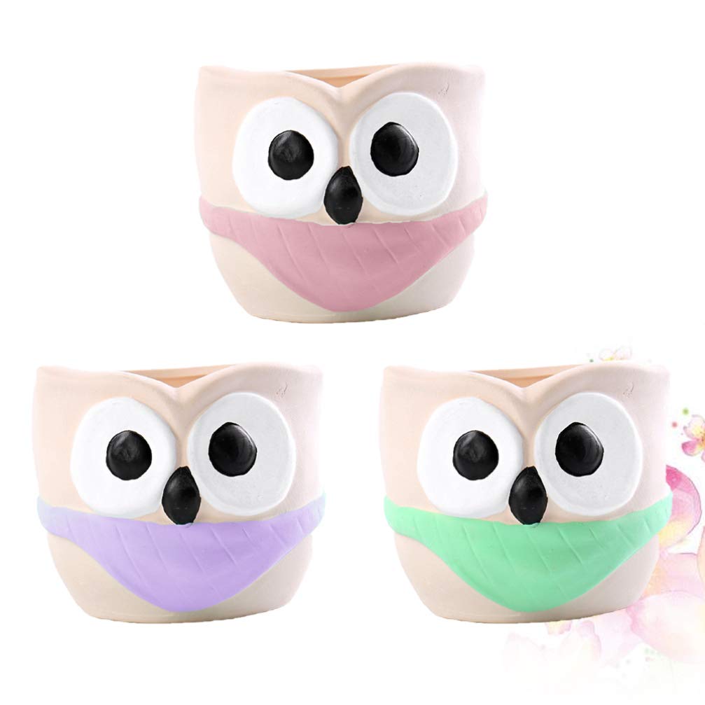 YARNOW 3-Piece Owl Succulent Planter Set - Ceramic Cactus & Bonsai Flower Pots in Pink, Green & Blue - Perfect for Home Decor, Office Desk & Garden Plant Display