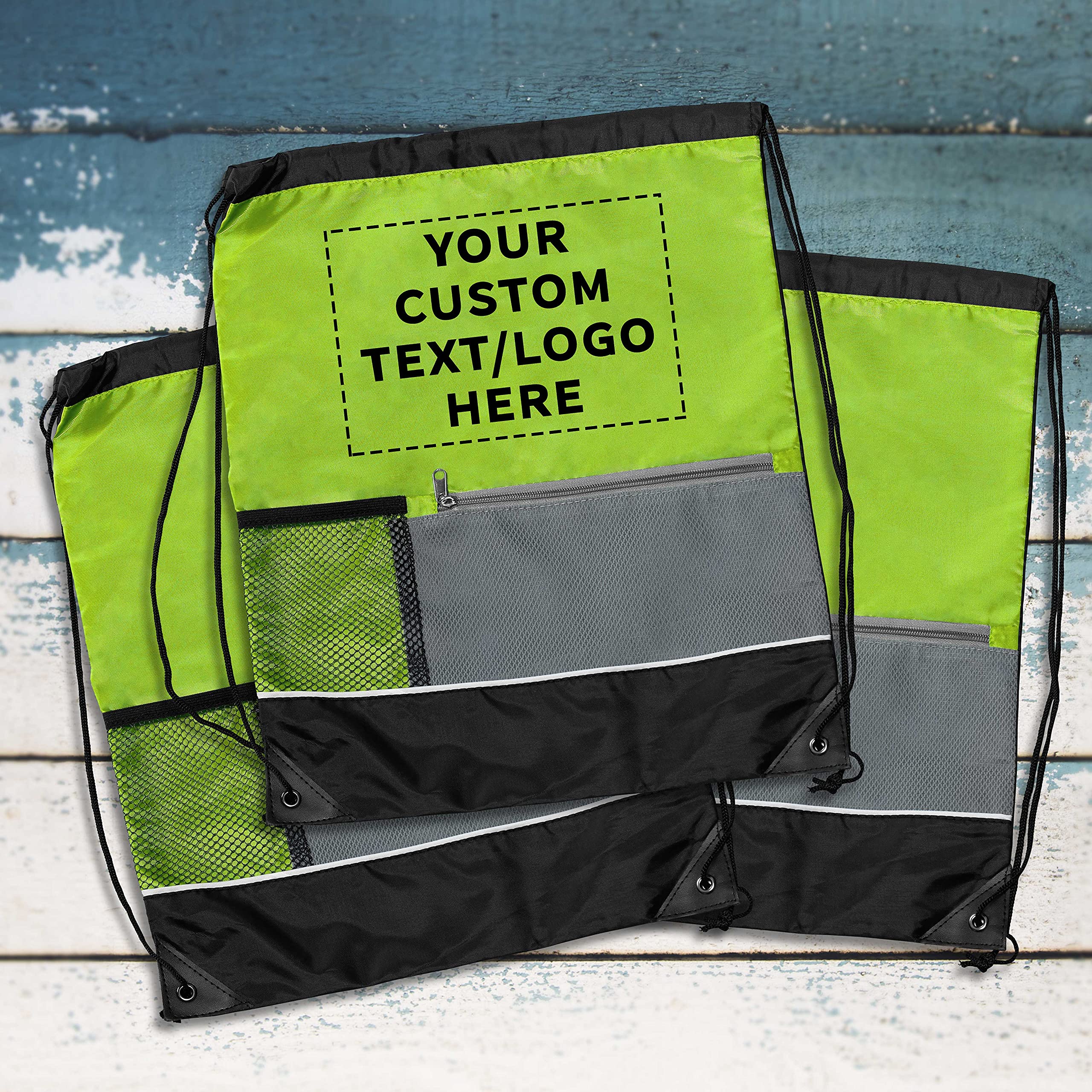 Custom Front Pocket Drawstring Backpacks - Set of 50 Personalized Bulk Pack - Lightweight Reusable Sports Bags for Gym, School & Events - Promotional Lime Green Backpacks for Giveaways & Branding