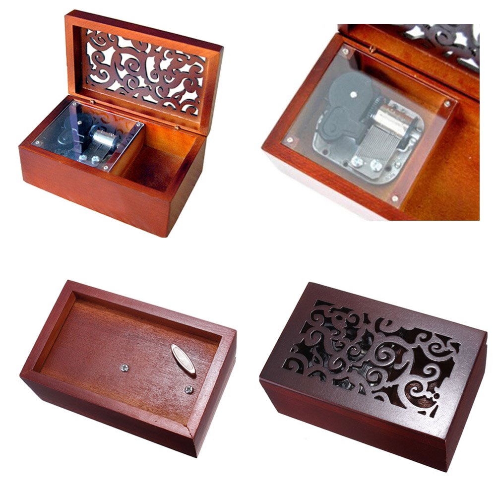 FnLy Antique Engraved Wooden Wind-Up Musical Box - Over The Rainbow Music Box with Silver-Plated Movement - Perfect for Home Décor, Wedding Gifts & Collectibles