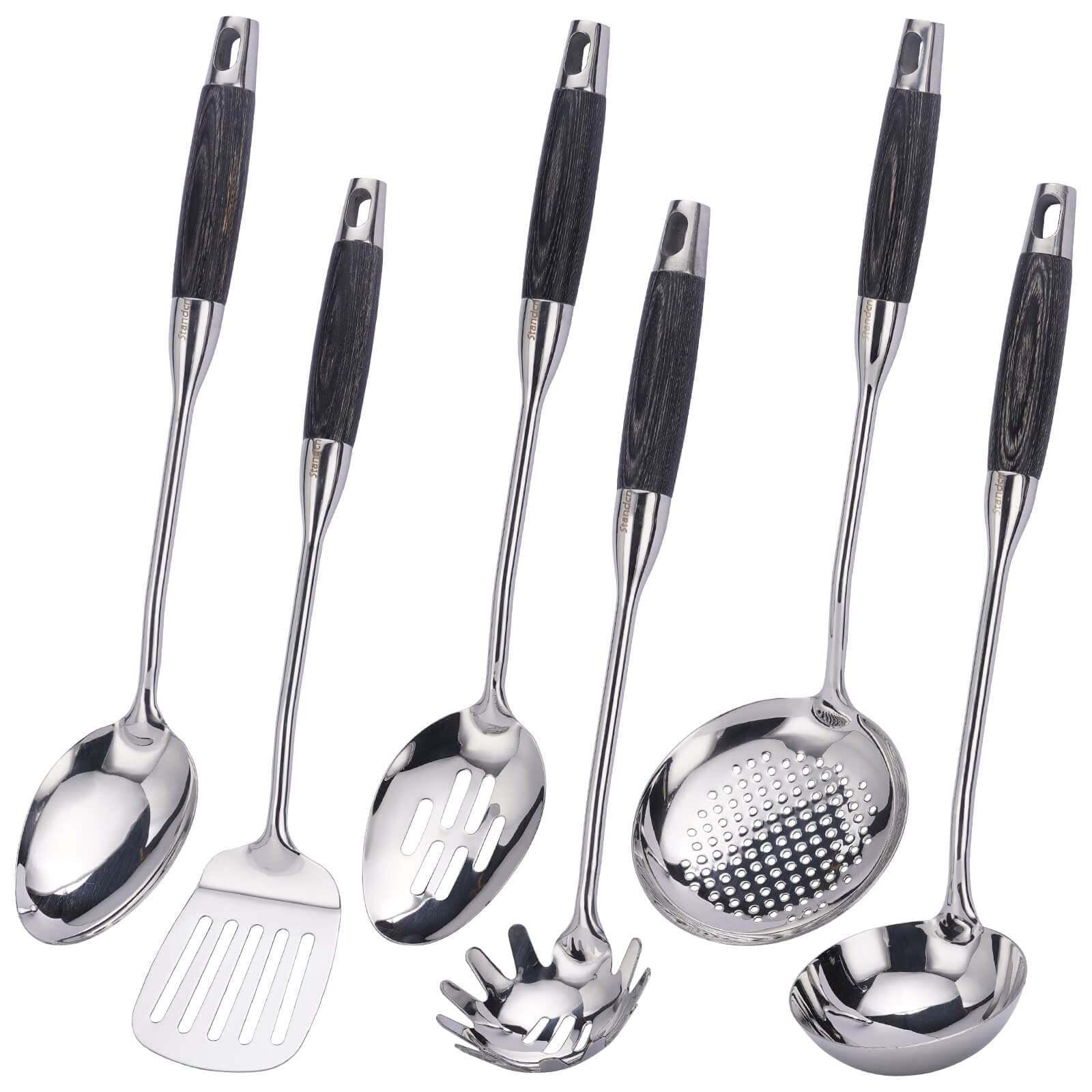 Premium 18/10 Stainless Steel Kitchen Utensil Set with Wooden Handles - 6-Piece Cooking Tools Including Slotted Spoon, Solid Spoon, Turner, Skimmer, Soup Ladle & Pasta Spoon (15