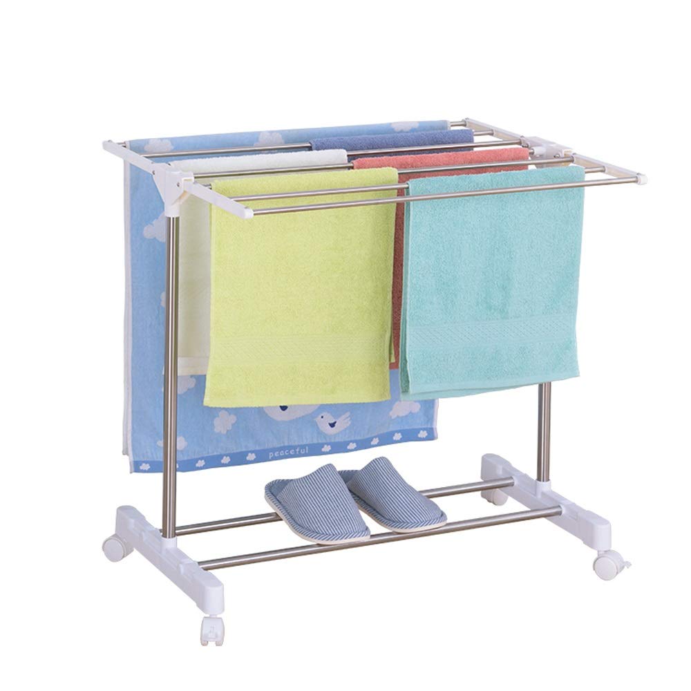 Stainless Steel Floor Standing Foldable Towel Rack Holder & Organizer - Heavy Duty Liftable Drying Rack with Universal Wheels for Bath & Hand Towels - Perfect for Bathroom, Laundry Room & Spa Organization