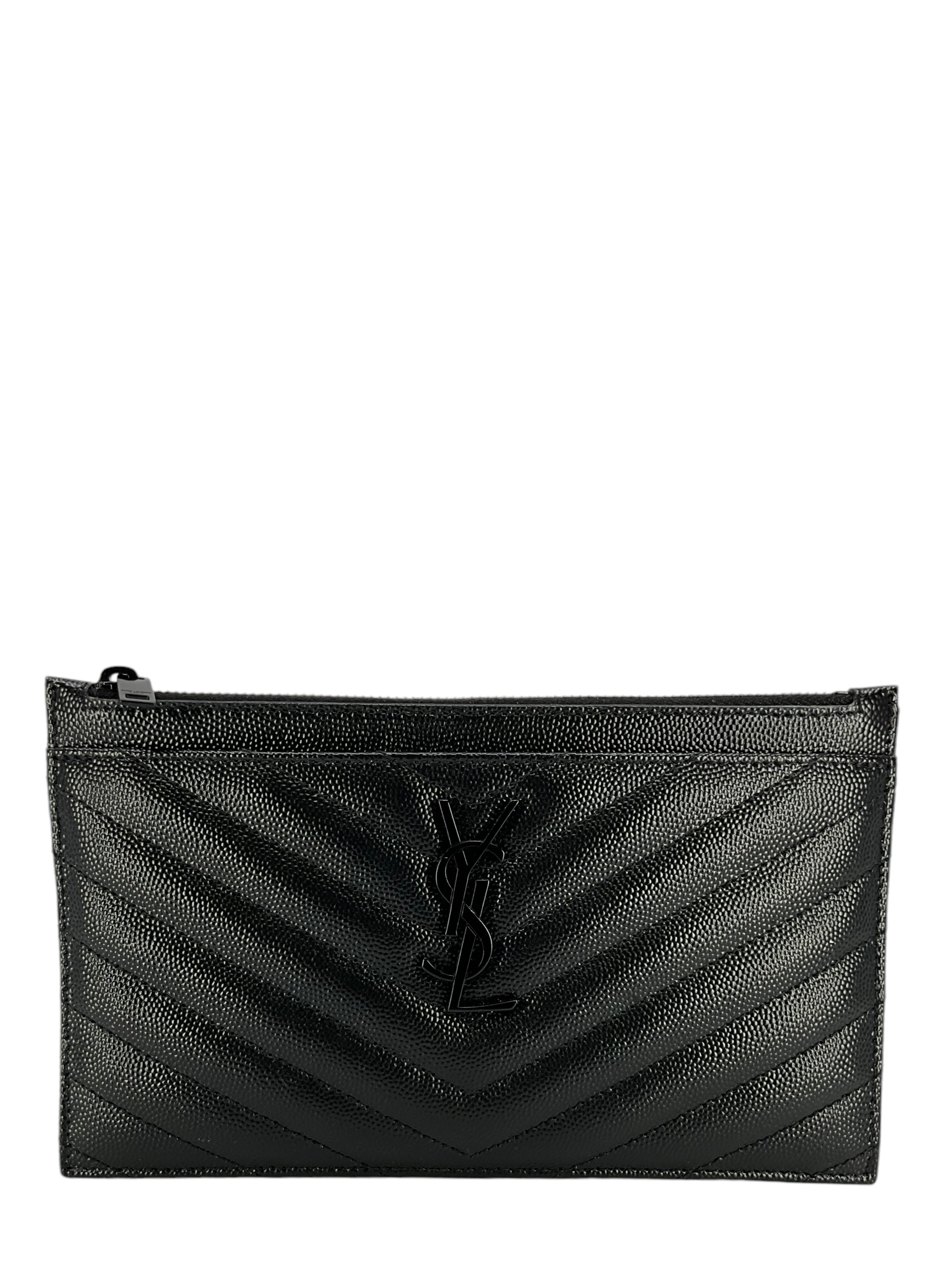 SAINT LAURENT Grain De Poudre Chevron Monogram Bill Pouch - Luxury Leather Wallet for Men & Women | Perfect for Everyday Use, Travel & Gifts