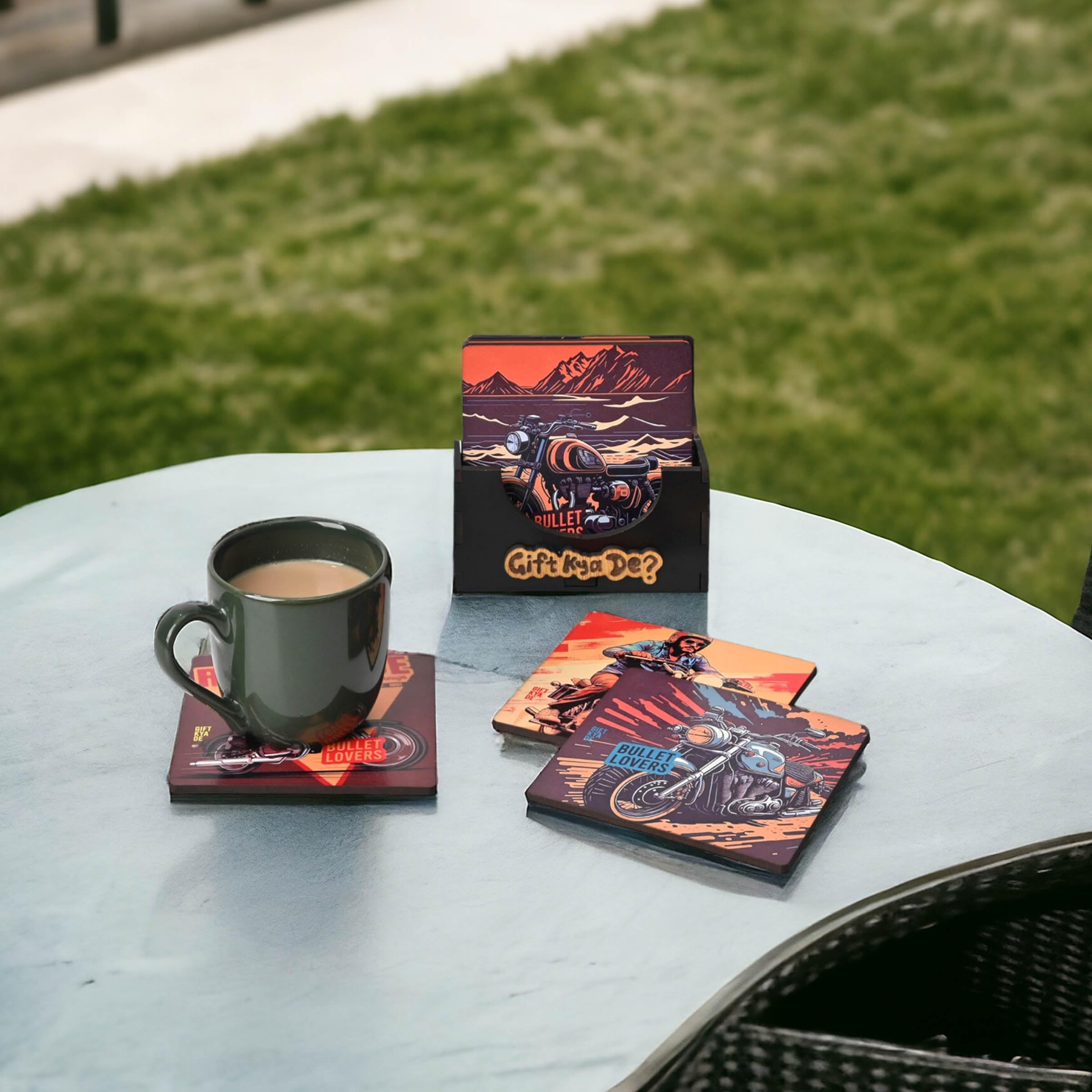 GKD 6-Piece Bullet Bike Coaster Set with Stand - Perfect for Tea, Coffee & Glasses - 3.8x3.8 Inch Square RE Bike Design - Ideal for Motorcycle Enthusiast Gifts & Home Bar Decor