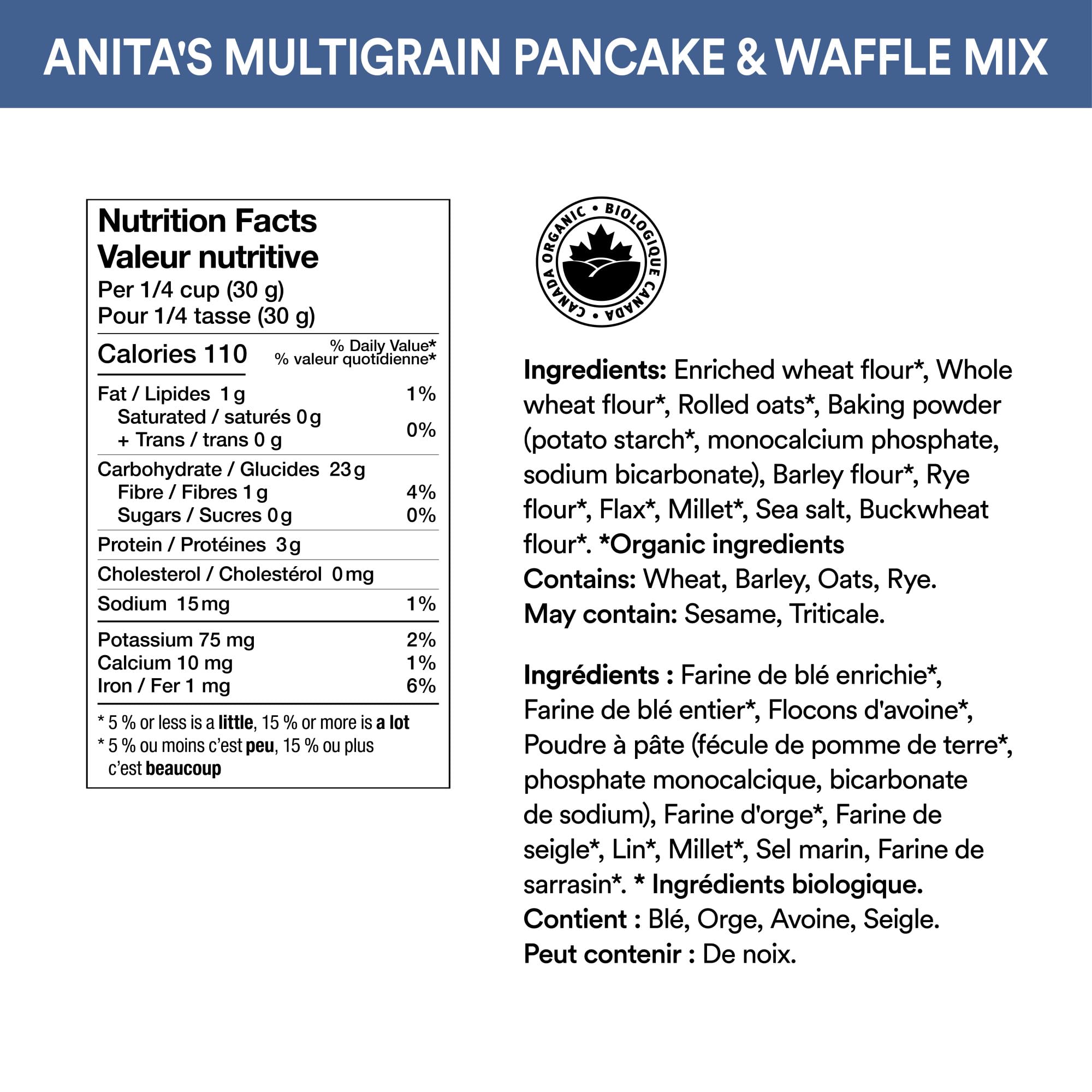 Anita’s Organic Mill - Organic Multigrain Pancake & Waffle Mix, 1kg (2.2 lbs) | Non-GMO, Gluten-Free, Vegan | Perfect for Breakfast, Brunch & Family Gatherings | Made in Canada