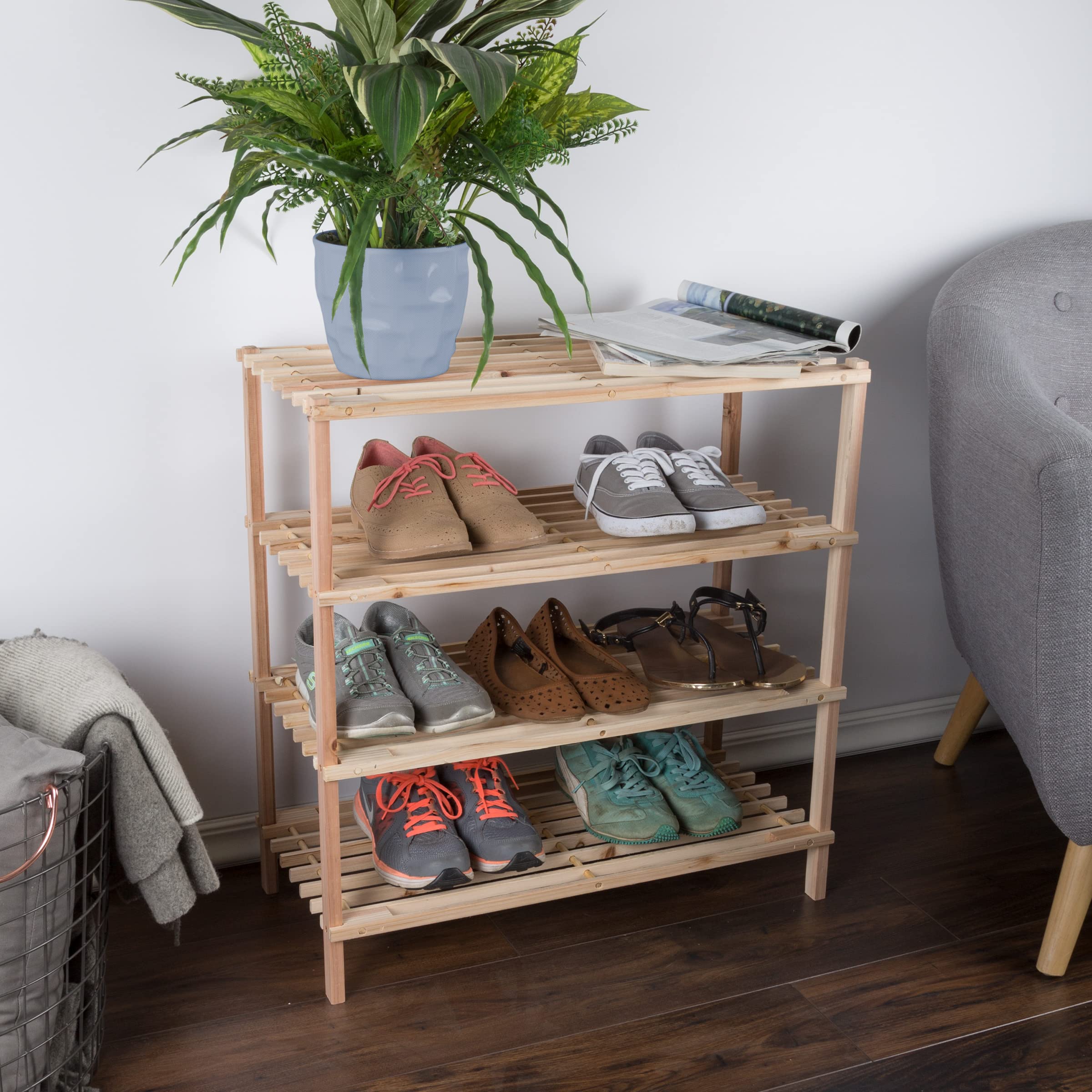 4-Tier Wooden Shoe Storage Rack Organizer - Holds 12 Pairs of Sneakers or Boots for Closet, Entryway, Bedroom & Bathroom - Space Saving Shoe Shelf by Lavish Home (Light Oak) - Perfect for Small Spaces & Shoe Collection Organization
