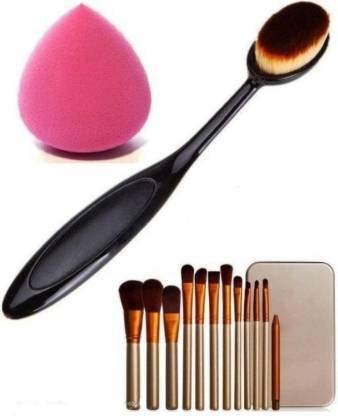 Professional 12-Piece Makeup Brush Set with Silver Storage Box, Oval Brush & Sponge Puff - Perfect for Makeup Artists, Beginners & Travel