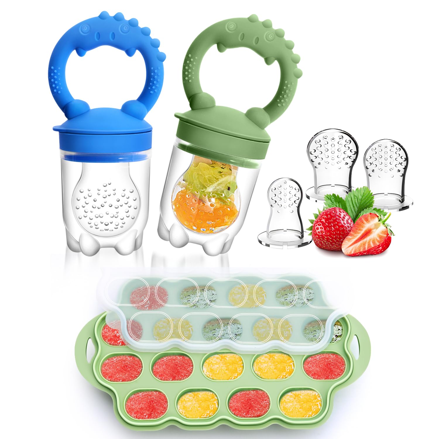 Organic Silicone Baby Fruit Feeder & Breastmilk Popsicle Molds - BPA Free Freezer Tray with Lid, 2 Pack Infant Teething Relief & Self Feeding Tool - Includes 6 Food Pacifiers (Green + Dark Blue) - Perfect for Introducing Solids, Soothing Sore Gums & Making Homemade Baby Food Popsicles