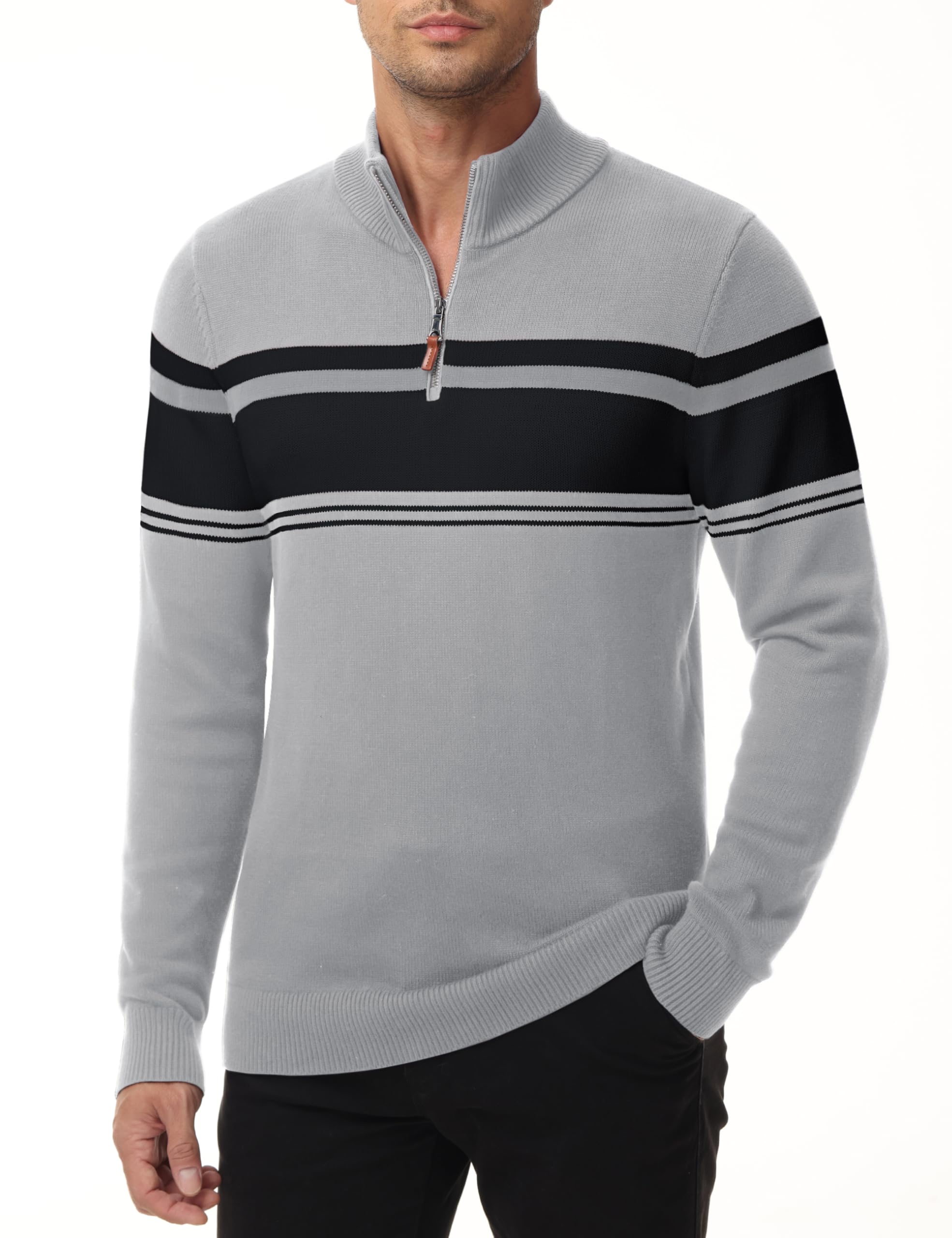 MAGNIVIT Men's Quarter Zip Striped Sweater Pullover - Color Block Polo Sweatshirt for Fall, Winter & Spring | Casual Office Wear & Outdoor Activities