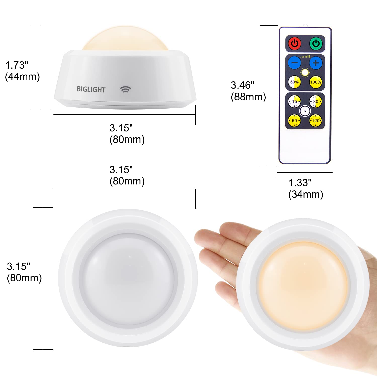 BIGLIGHT LED Closet Lights - 6 Pack Battery Operated Puck Lights with Remote Control, Dimmable Touch Switch, Easy Stick-On Installation for Cabinets, Counters & Shelves - Perfect for Home Organization, Wardrobe Lighting & Kitchen Under Cabinet Lighting