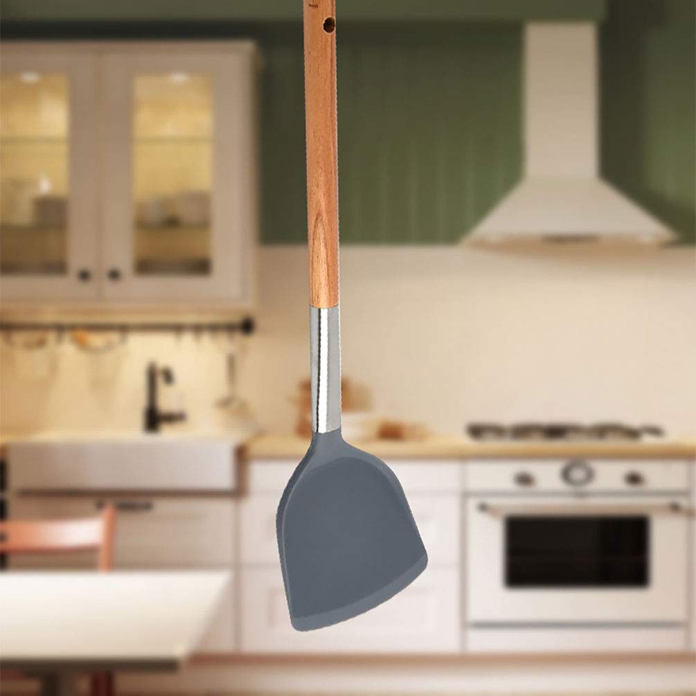 Heat-Resistant Silicone Spatula with Long Wood Handle - Non-Stick Pan Turner, 13.7 Inch Wok Shovel for Cooking, Flipping & Stirring - Perfect for Sauteing, Pancakes, Eggs & Asian Stir Fry