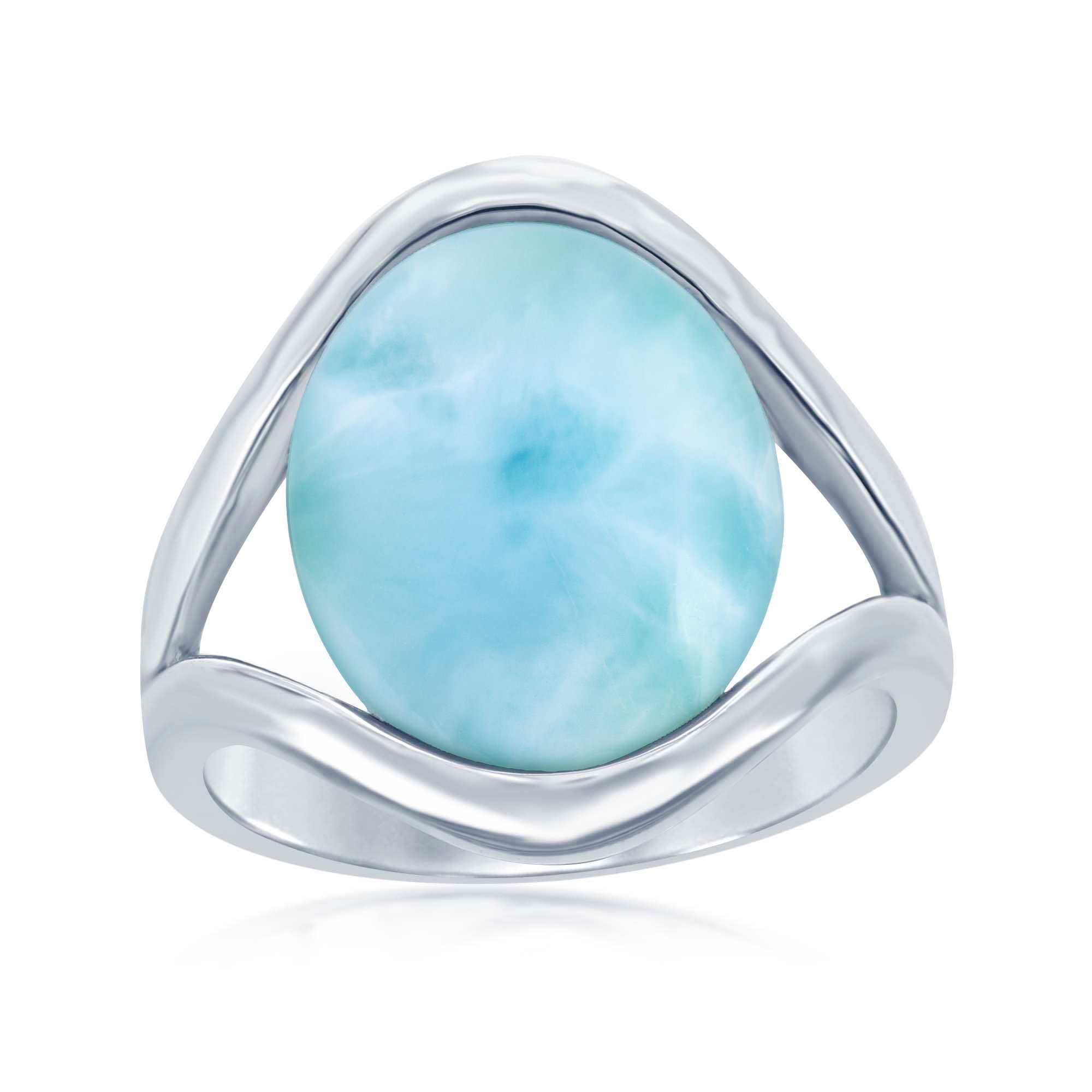 Sterling Silver High Polish Oval Larimar Stone Ring for Women - Natural Gemstone Jewelry for Everyday Wear & Special Occasions
