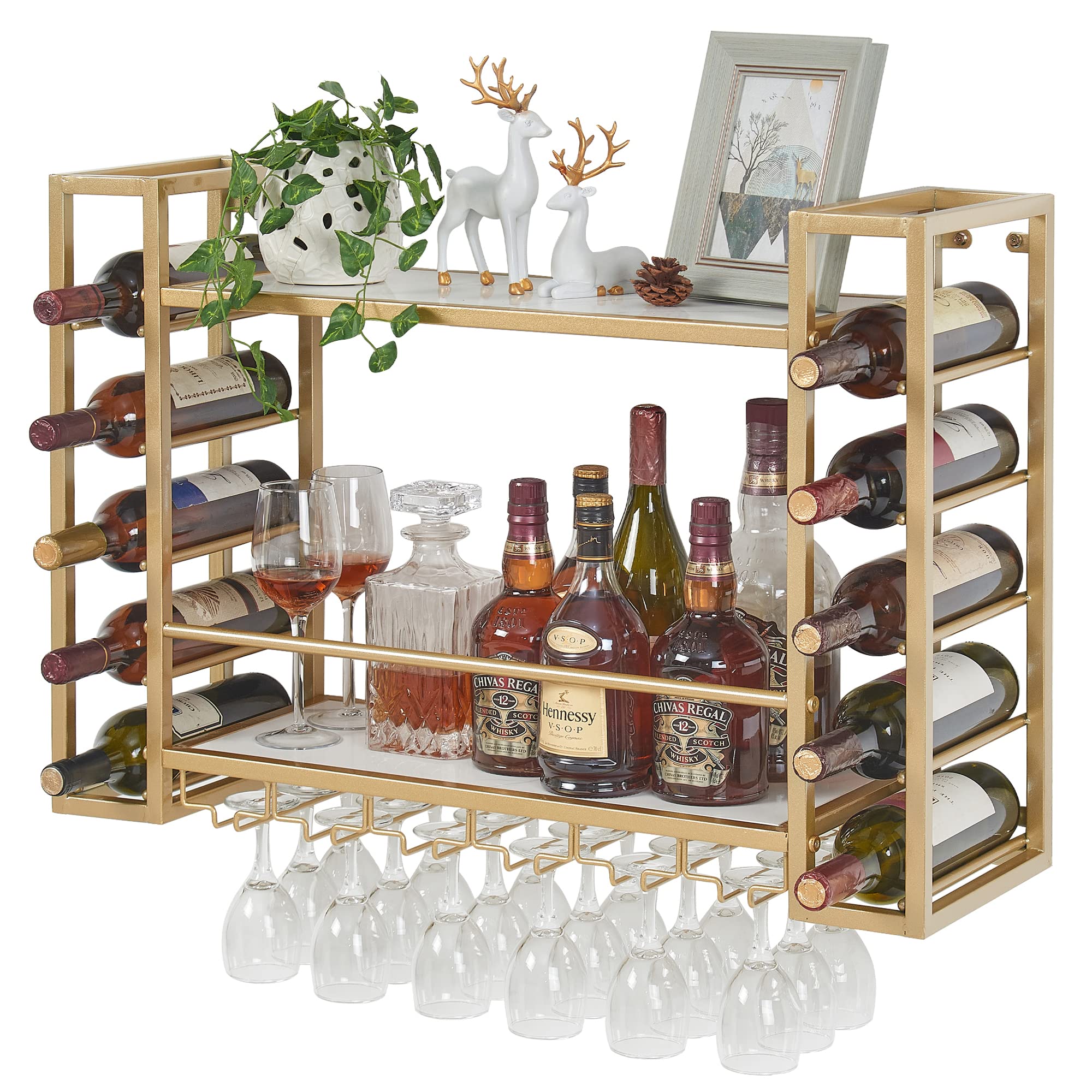 31.5 Inch Gold Wall Mounted Wine Rack with Glass Holder - Metal Bottle Storage Display Shelf for Home Bar, Dining Room & Kitchen - Perfect for Wine Enthusiasts and Entertaining Guests