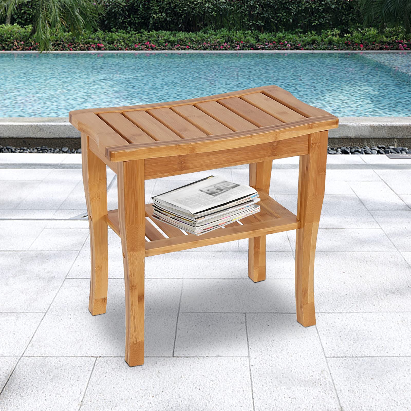 Kinbor Bamboo Shower Bench Stool with Storage Shelf - Waterproof Bath Seat for Foot Rest, Shaving & Spa - Indoor/Outdoor Bathroom, Living Room, Bedroom, Garden & Yard Use - Perfect for Relaxation, Pedicures & Home Spa Treatments