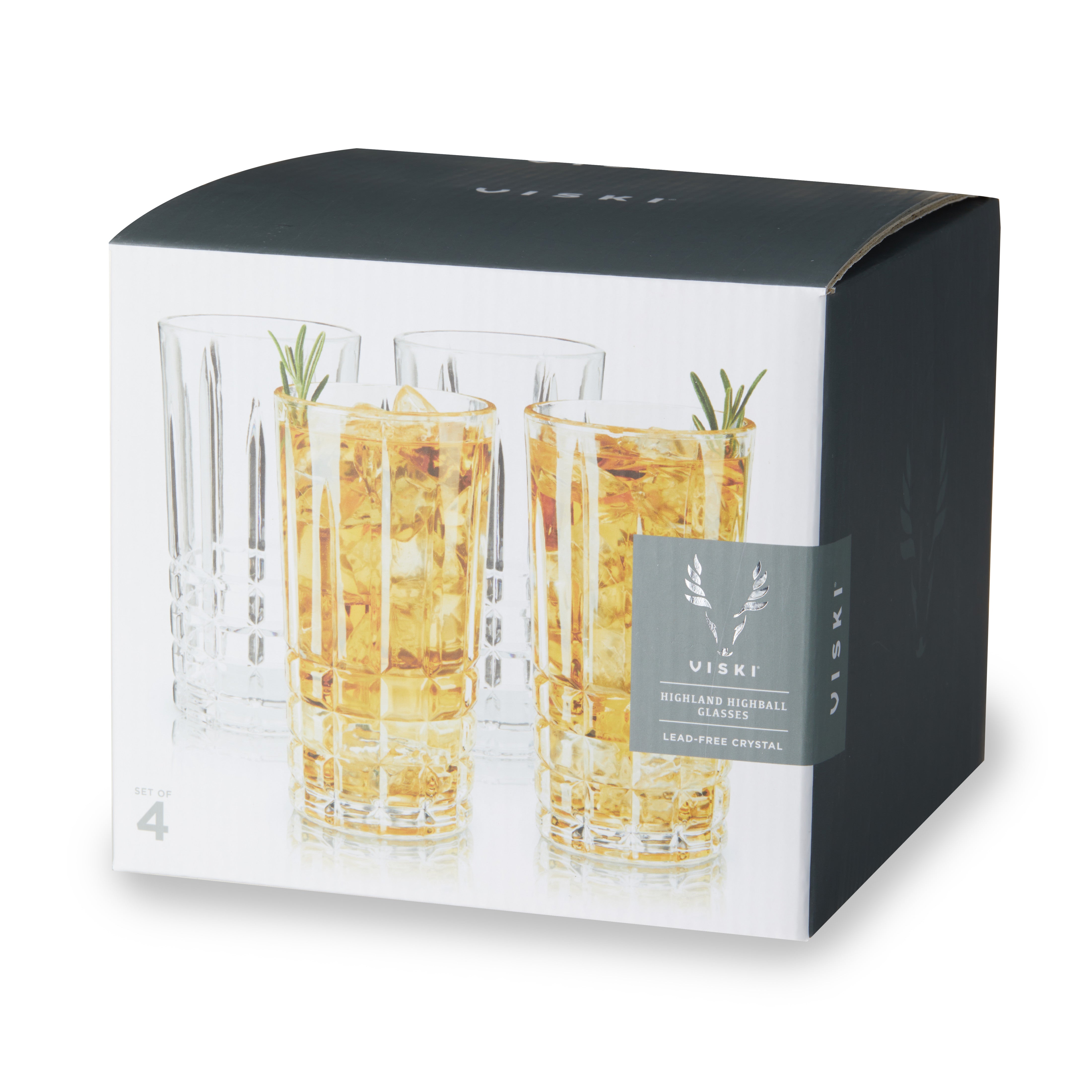 Premium Highland Crystal Highball Glasses Set of 4 - Elegant 12oz Whiskey & Cocktail Drinking Glasses for Home Bar, Parties & Entertaining - Dishwasher Safe Lead-Free Glassware