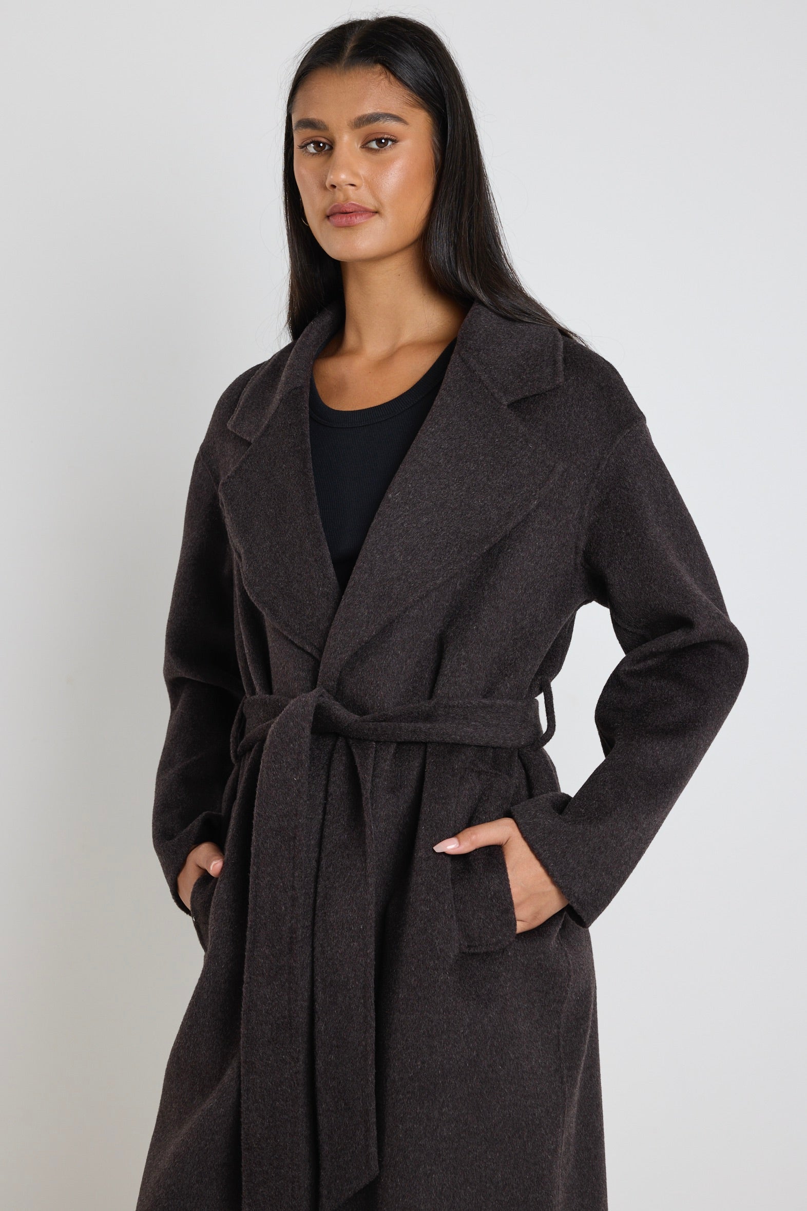 Geneva Chocolate Marble Wool Belted Coat - Women's Winter Trench Coat for Office & Casual Wear