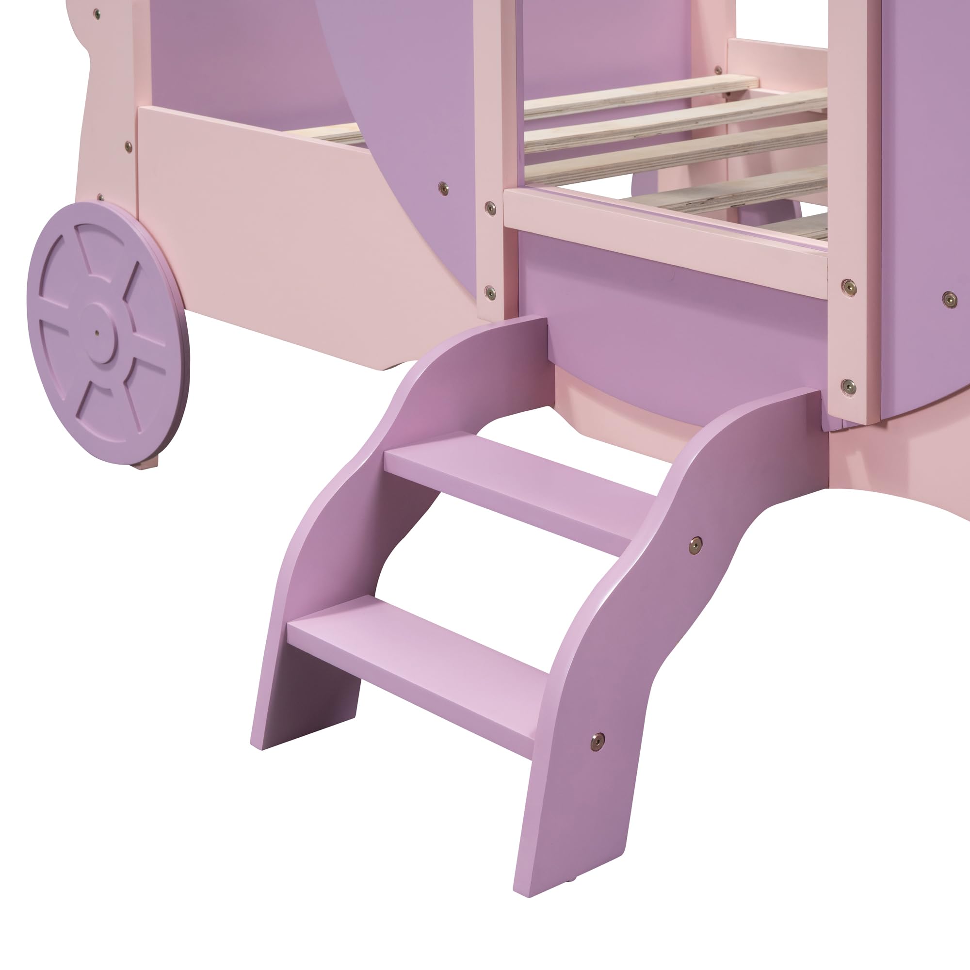 **Royal Princess Carriage Twin Bed for Girls - Wooden Platform Bed Frame with Crown & Stairs - Purple & Pink Kids Bedroom Furniture - Perfect for Princess-Themed Bedrooms & Sleepovers**