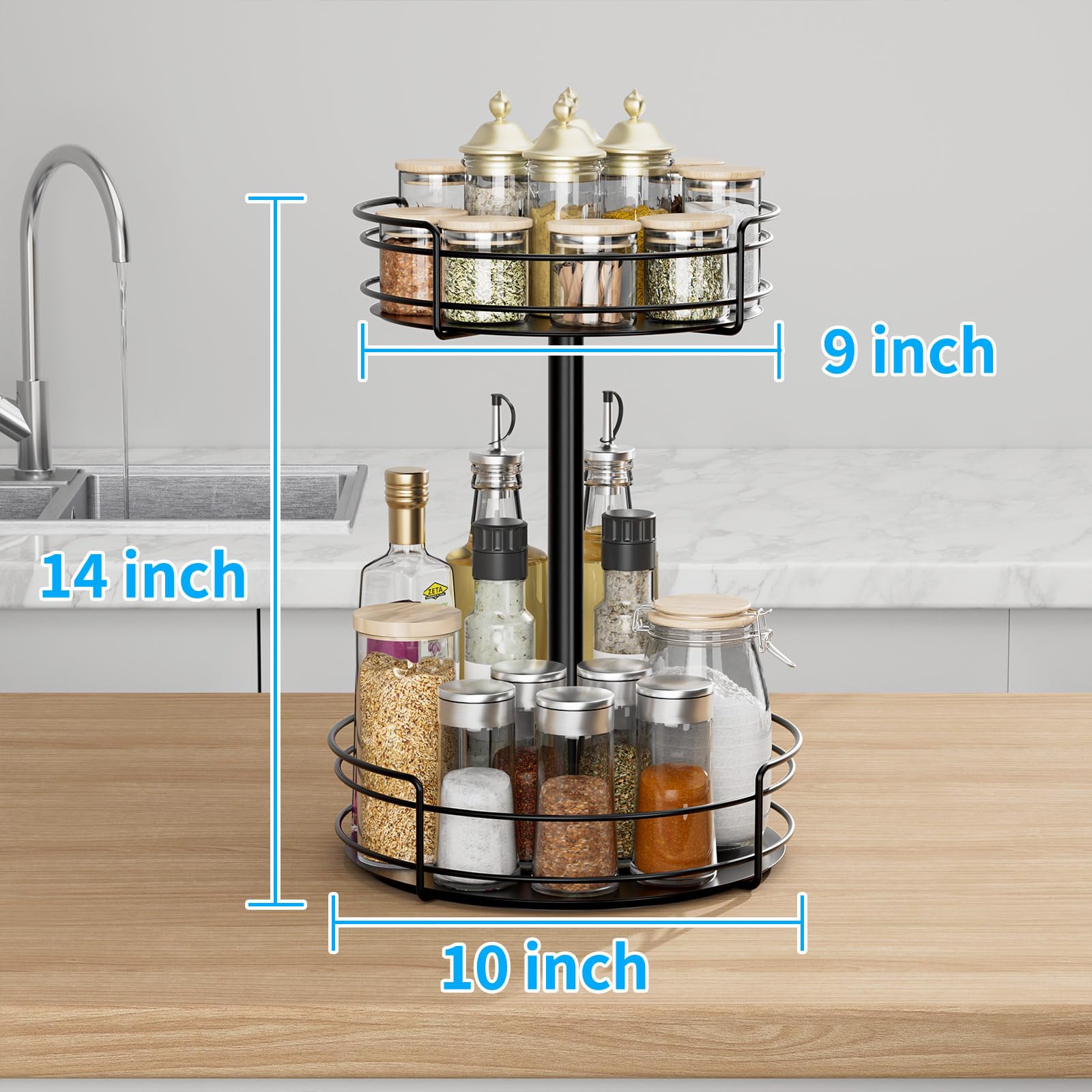 2-Tier Lazy Susan Turntable Organizer for Kitchen Cabinet, Spice Rack, Countertop, Bathroom & Pantry - Space-Saving Black Rotating Storage Solution for Home Organization
