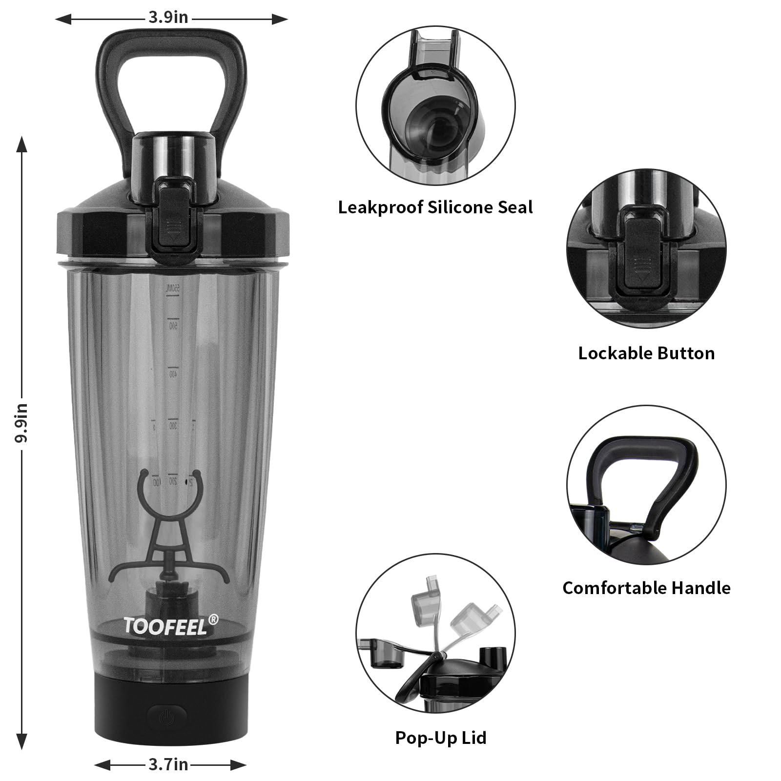 TOOFEEL 20oz Electric Protein Shaker Bottle - USB Rechargeable Self Stirring Mixer Cup for Protein Powder, Smoothies & Workout Drinks | BPA Free Gym Shaker | Perfect for Fitness, Bodybuilding & Post-Workout Recovery