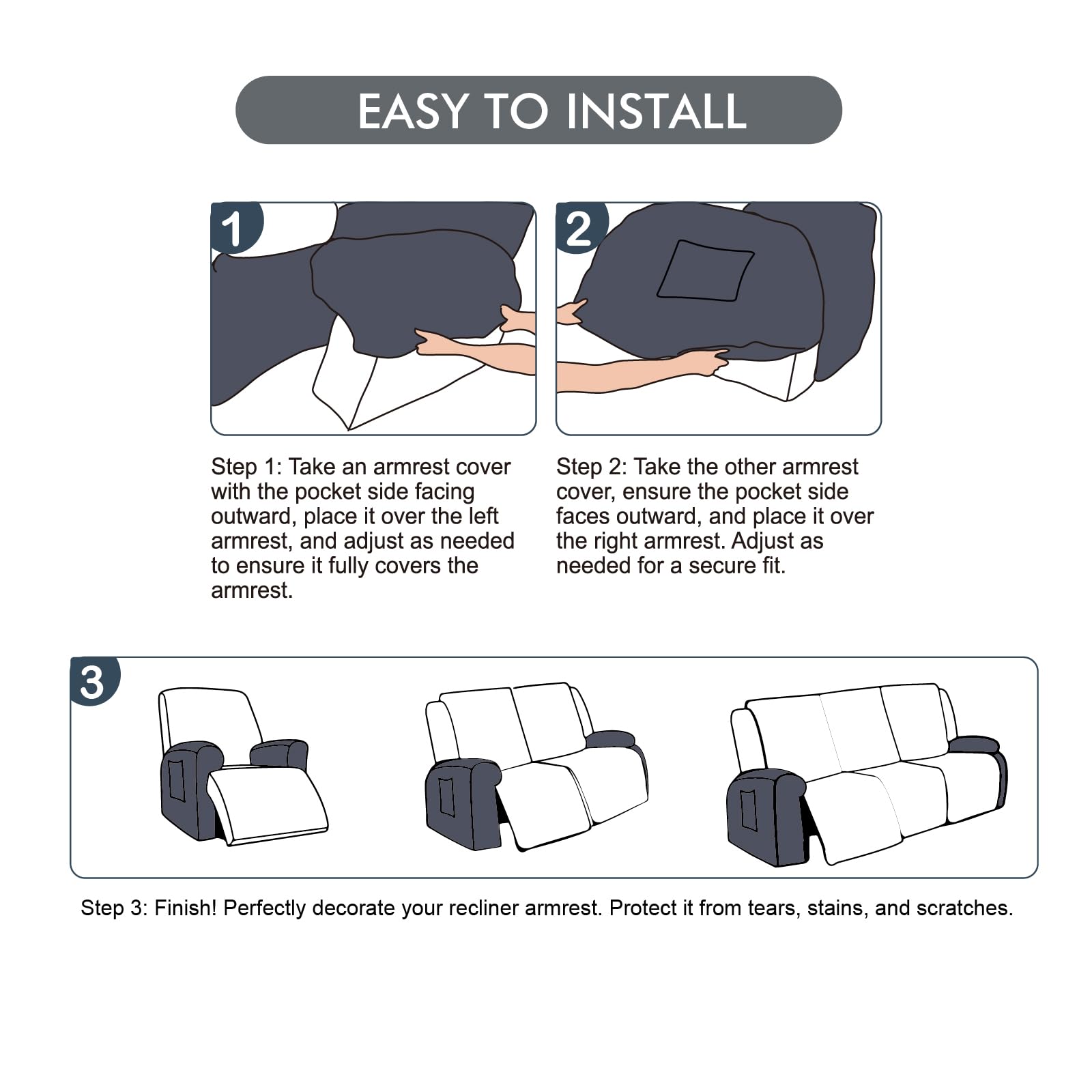 Waterproof Recliner Armrest Covers - 2 Pack Stretchable Slipcovers for Sofa & Chair Arms, Washable Pet & Kid-Friendly Furniture Protector (Black) - Perfect for Living Room, Home Theater & Family Gatherings