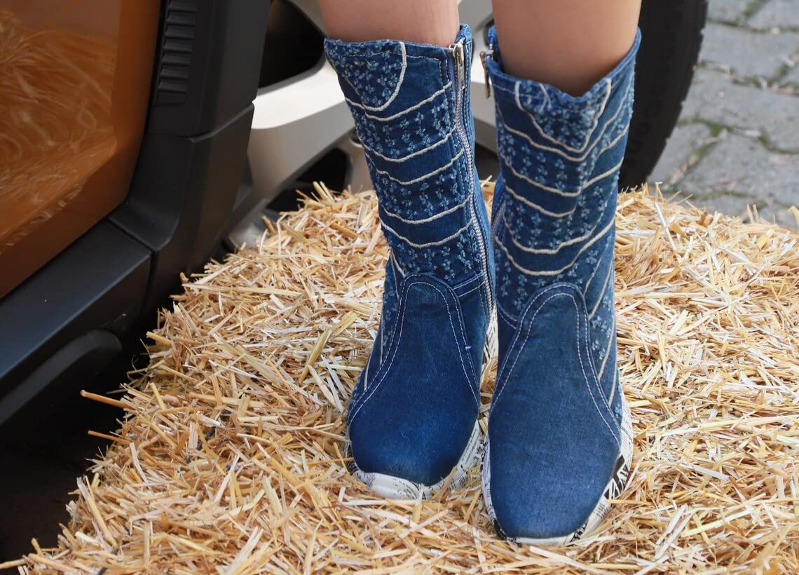 Stylish Women's Denim Boots - Handmade High Heel Sneaker Boots with Platform for Casual & Party Wear (Size 6.5, Blue) | Perfect Birthday Gift for Her | Great for Office, Dating & Night Out