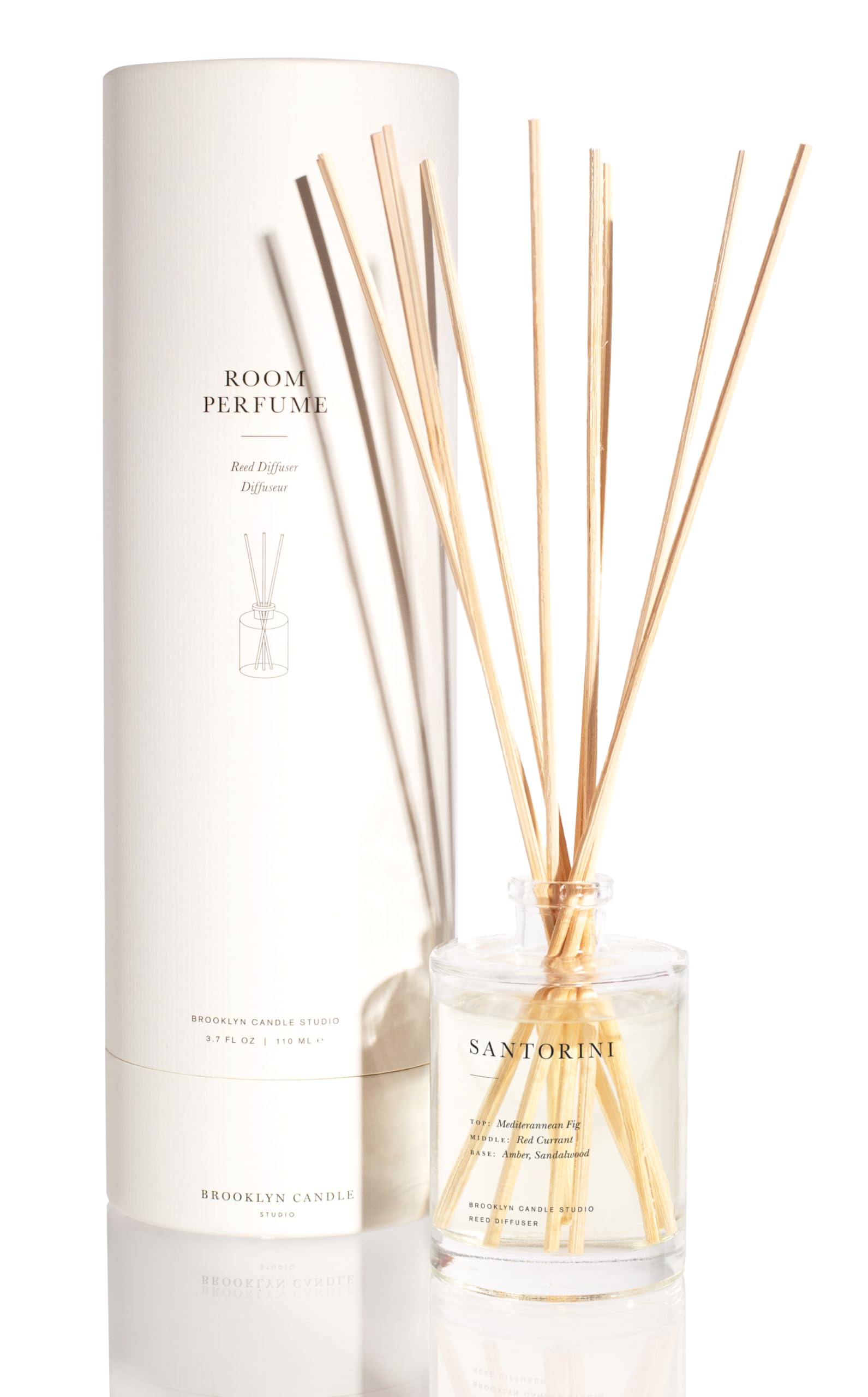 Brooklyn Candle Studio Santorini Reed Diffuser - Sandalwood & Amber Scented Oil, 8 Rattan Reeds, 4.4oz Aromatherapy for Home, Office & Spa Relaxation - Clean Ingredients, Long-Lasting Fragrance