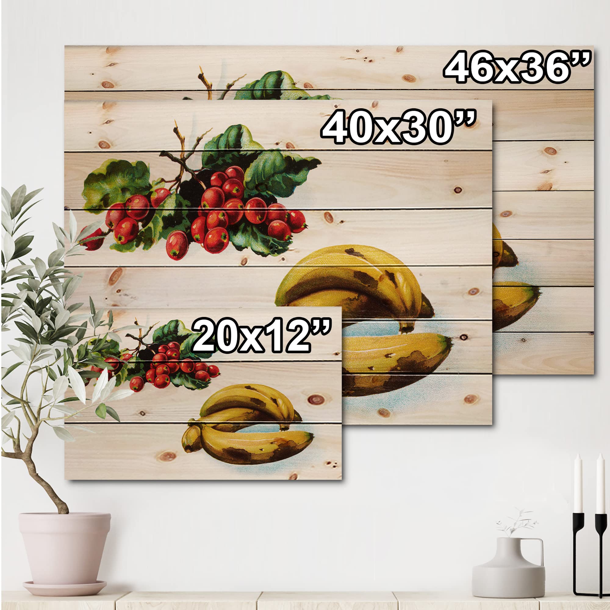 Farmhouse Wood Wall Decor - Banana & Red Berries Art Print on Natural Pine Wood | Large Rustic Kitchen Wall Art for Dining Room & Cafe Decor | Perfect for Country Style Home, Restaurant & Coffee Shop