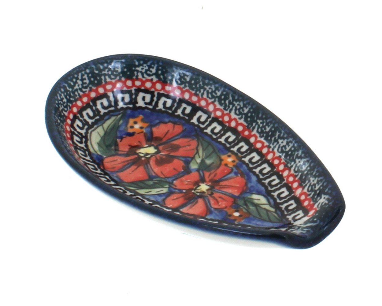 Handmade Blue Rose Polish Pottery Jungle Flower Spoon Rest - Small Ceramic Spoon Holder for Tea, Coffee, Sugar & Kitchen Decor