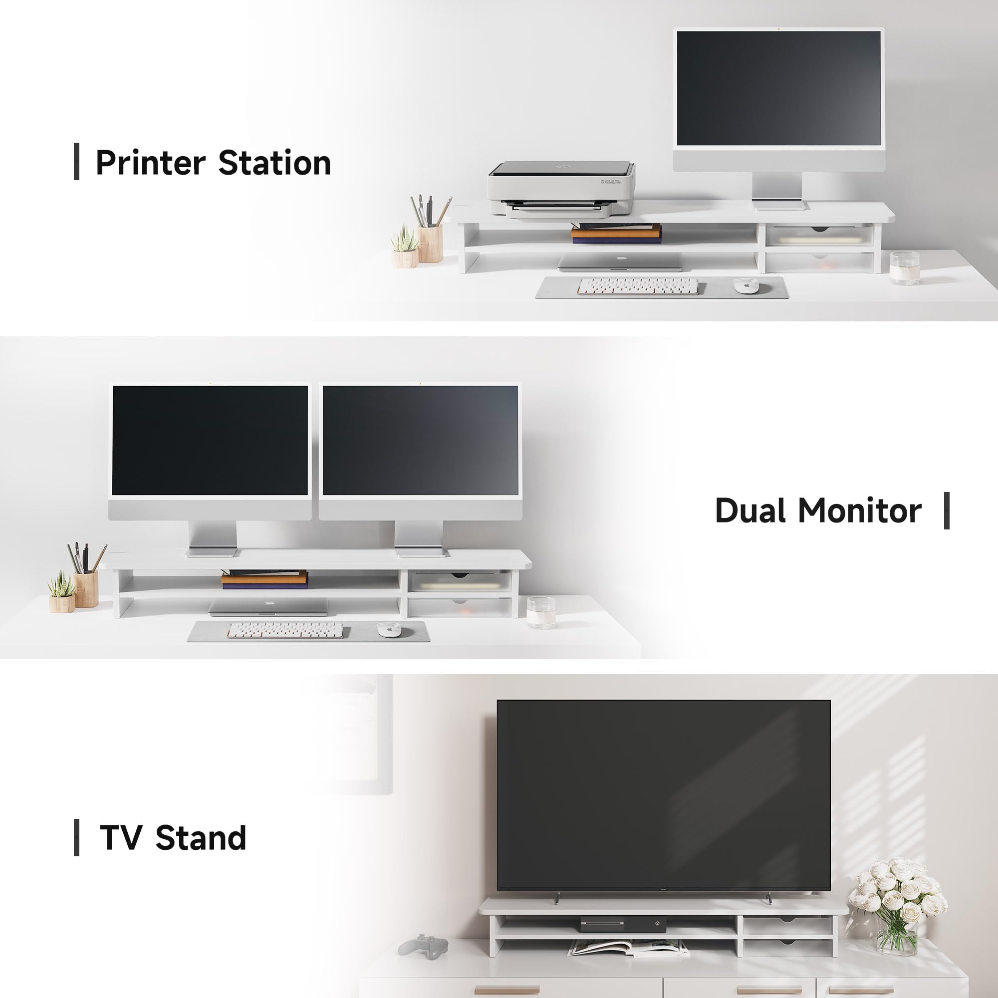 FENGE Dual Monitor Stand Riser with Storage Drawers - 2 Tier Wood & Acrylic Desktop Organizer for Computer, Laptop, Printer, TV - Space Saving Home Office Desk Accessory (White)