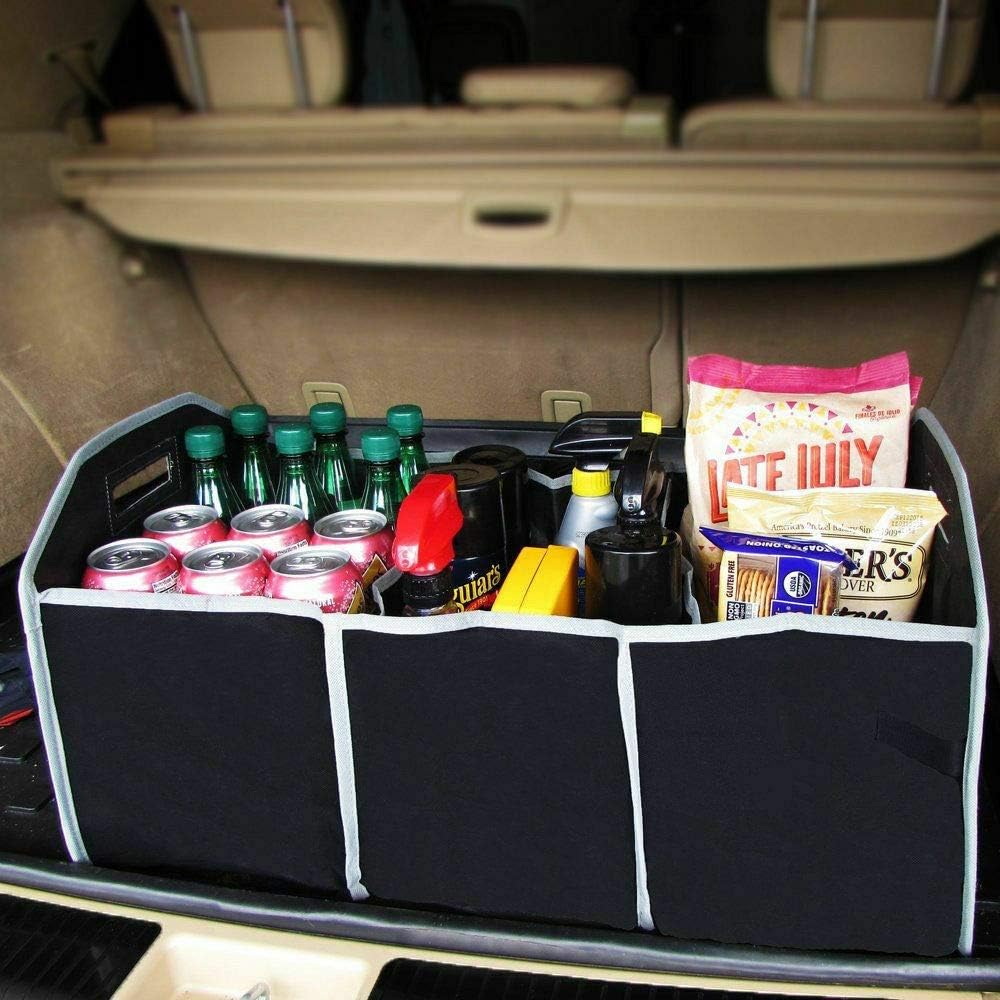 Black Foldable Extra Large Trunk Organizer with 3 Compartments - Portable Car Storage Holder for SUV, Groceries & Travel Essentials | Perfect for Road Trips, Shopping & Vehicle Organization