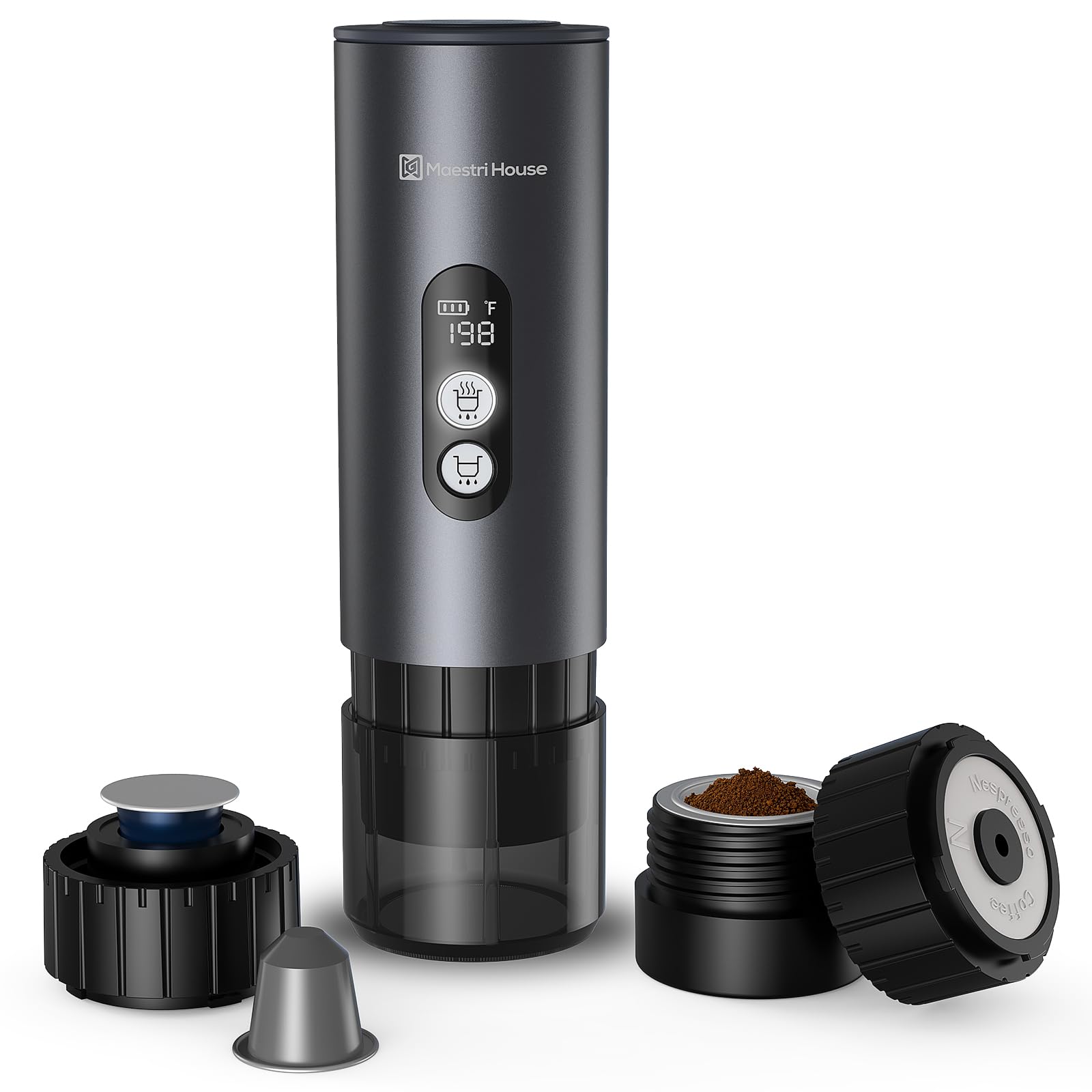 Maestri House 150W Portable Espresso Machine - Fast 2-3 Minute Self-Heating, Compatible with NS Capsules & Ground Coffee, Includes Travel Cup Holder - Perfect for Car Camping, RV Trips, Hiking & Outdoor Adventures